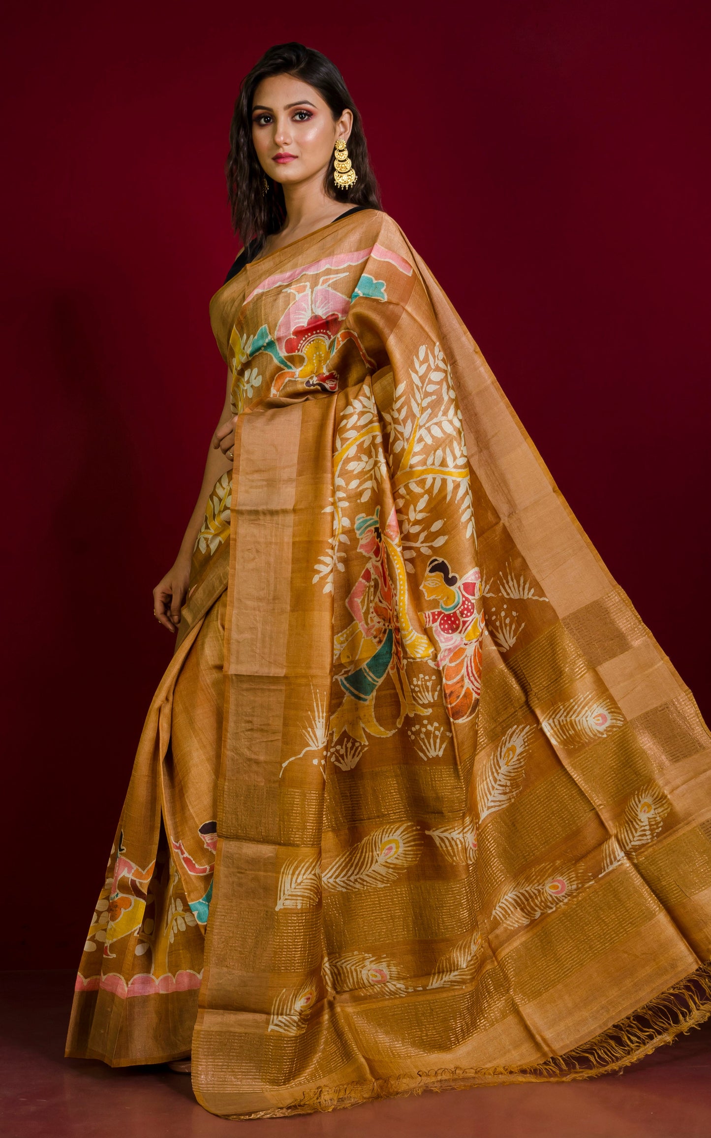 Kalamkari Printed Soft Tussar Silk Saree in Ochre, Brush Gold and Multicolored