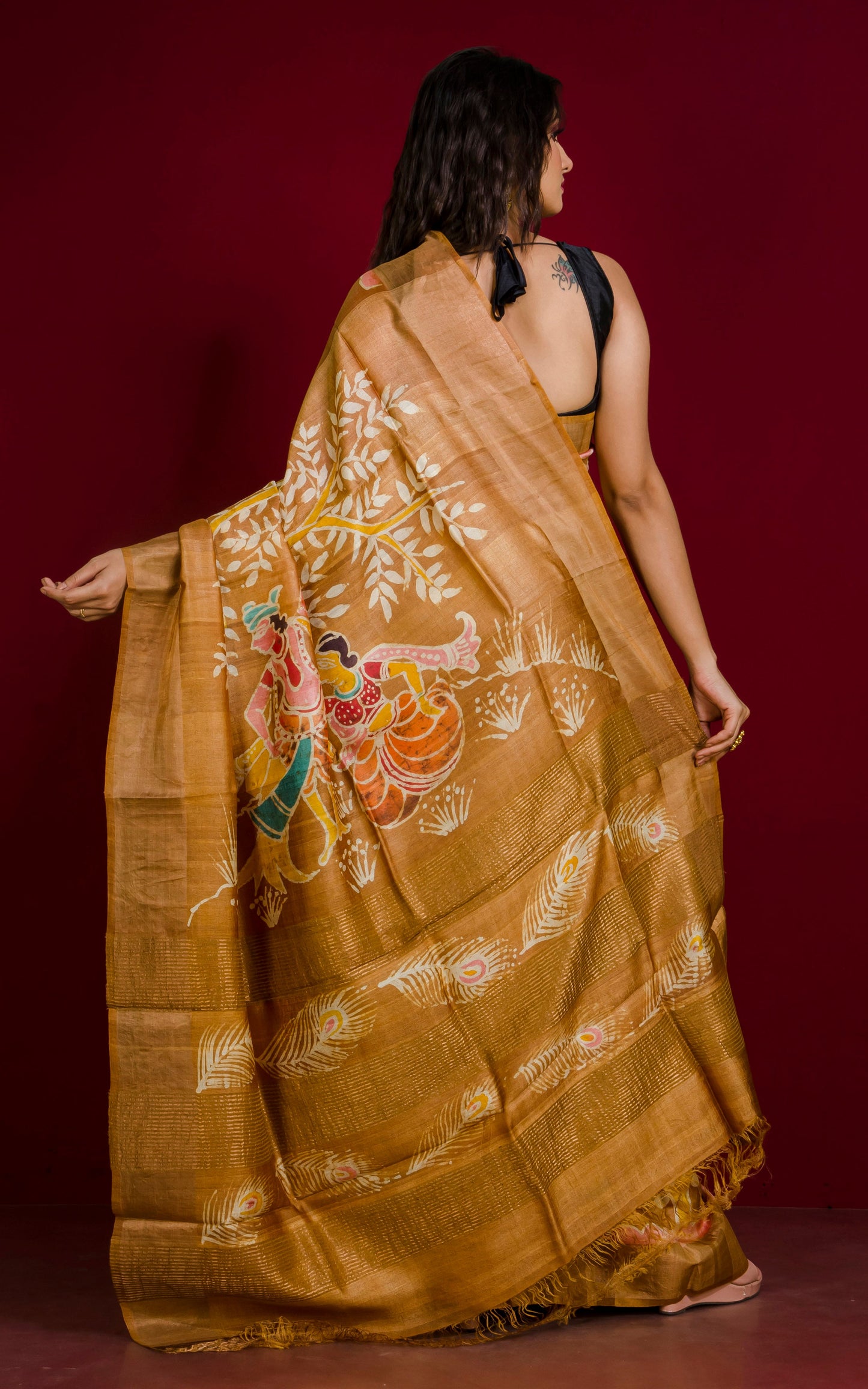 Kalamkari Printed Soft Tussar Silk Saree in Ochre, Brush Gold and Multicolored