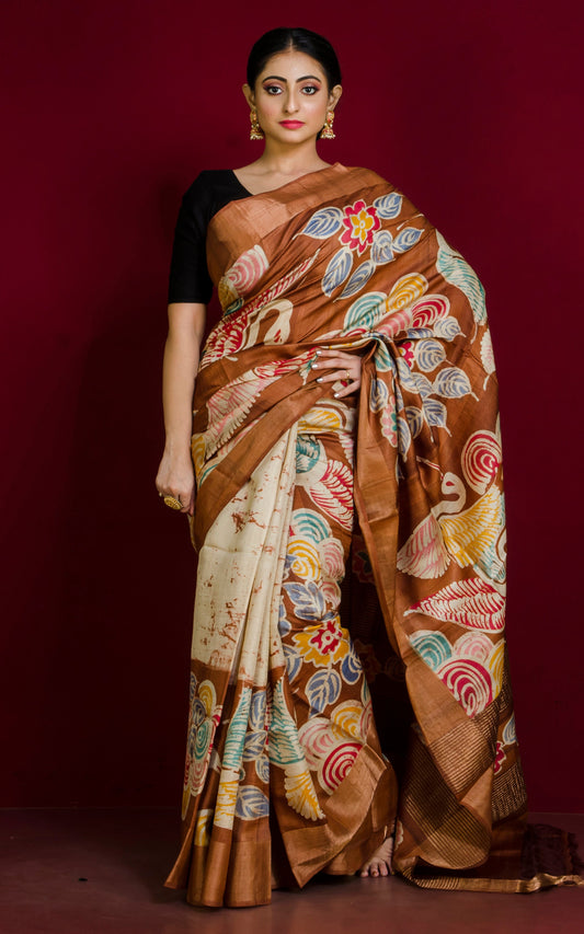 Kalamkari Batick Printed Soft Tussar Silk Saree in Saddle Brown, Brush Gold and Multicolored