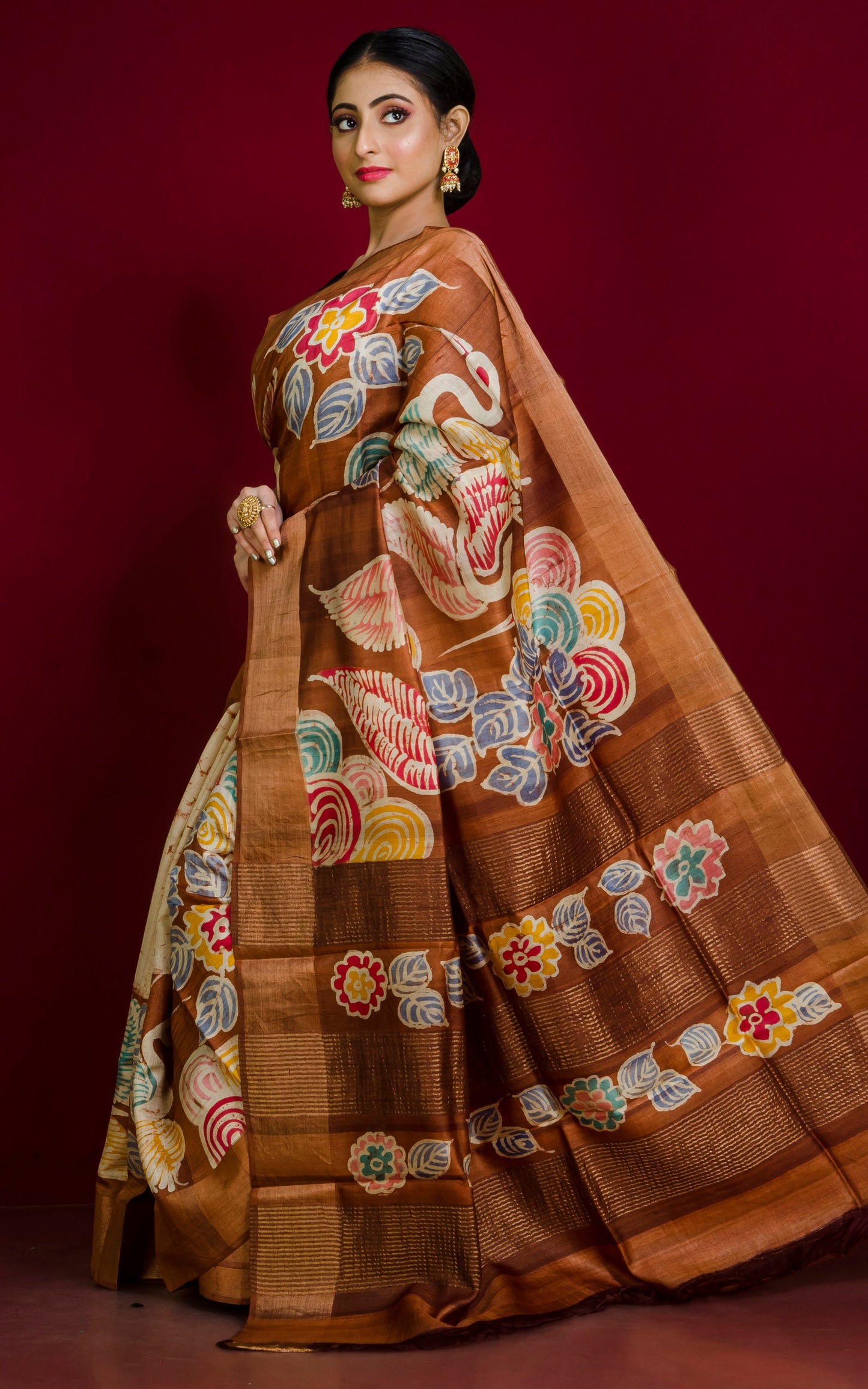 Kalamkari Batick Printed Soft Tussar Silk Saree in Saddle Brown, Brush Gold and Multicolored