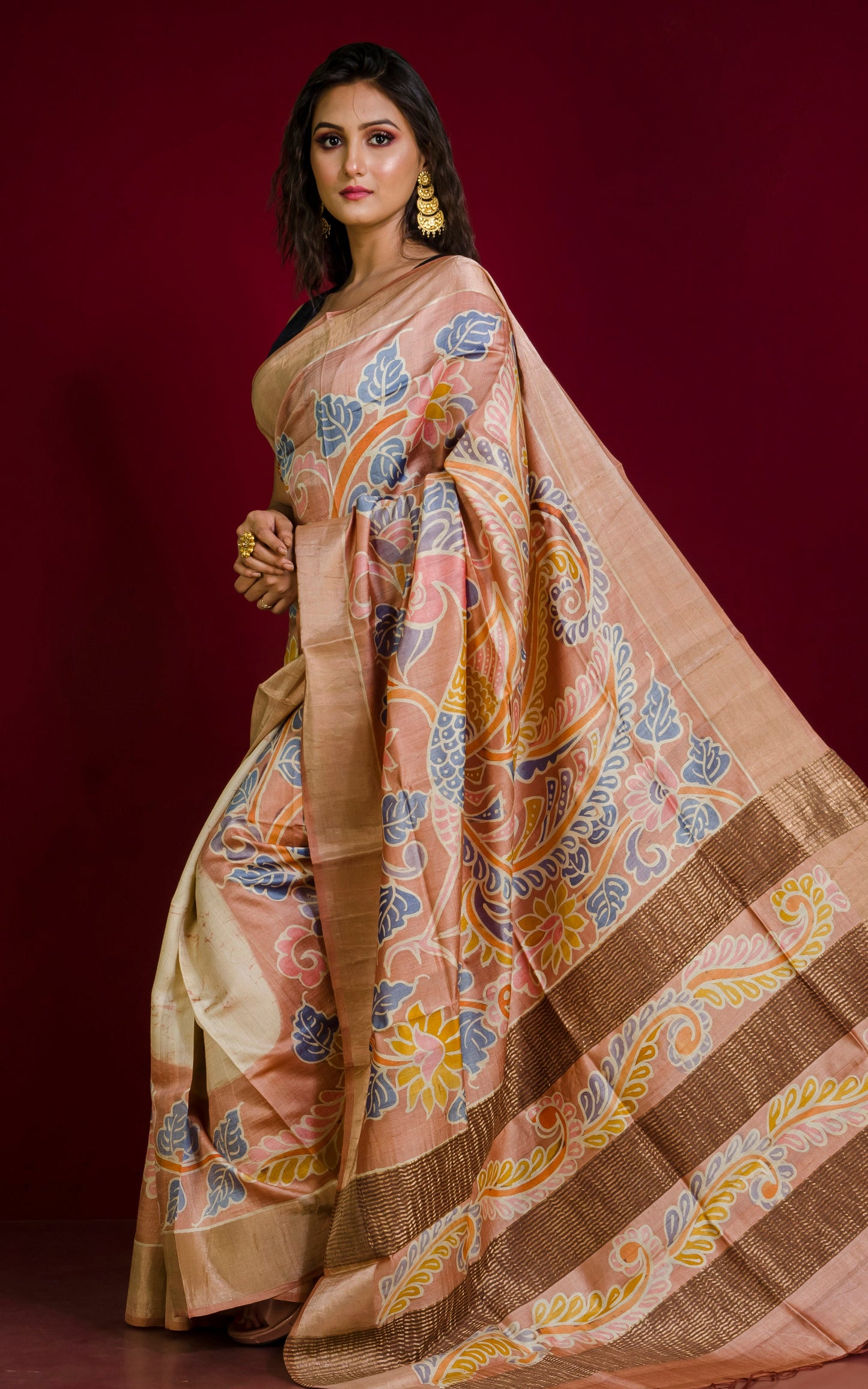 Kalamkari Batick Printed Soft Tussar Silk Saree in Beige, Rose Gold, Brush Gold and Multicolored