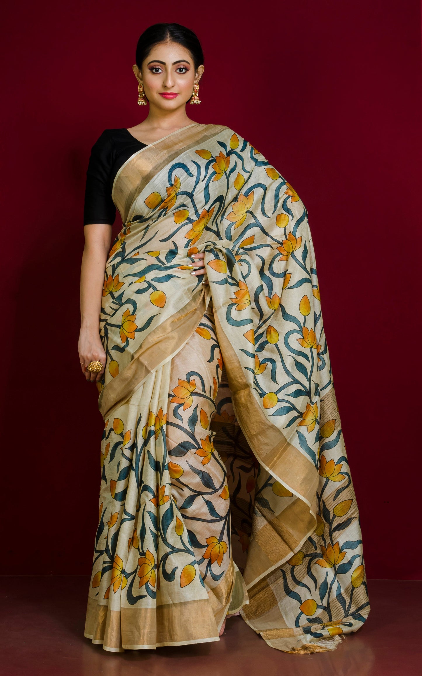 Kalamkari Printed Soft Tussar Silk Saree in Beige, Dark Grey, Pastel Orange and Brush Gold