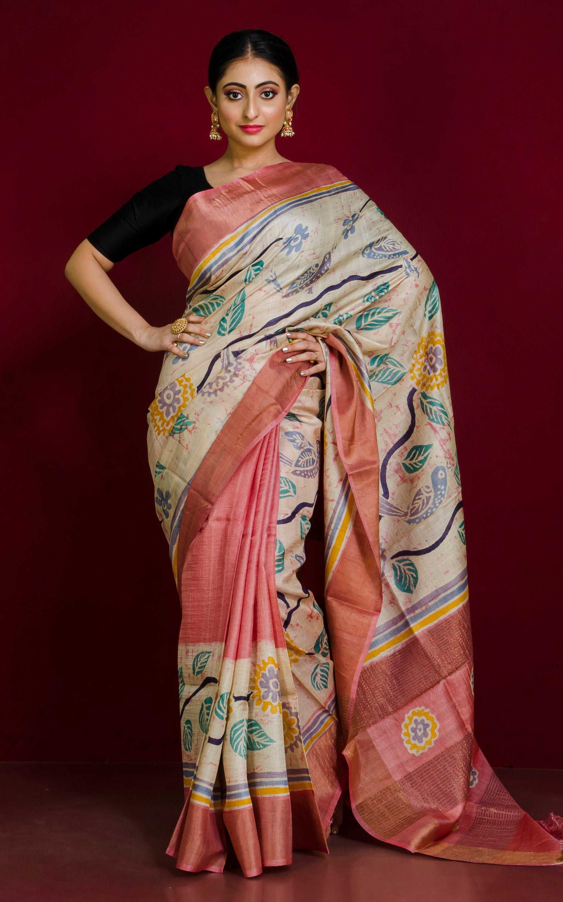 Kalamkari Batik Printed Soft Tussar Silk Saree in Peach, Parchment White, Brush Gold and Multicolored