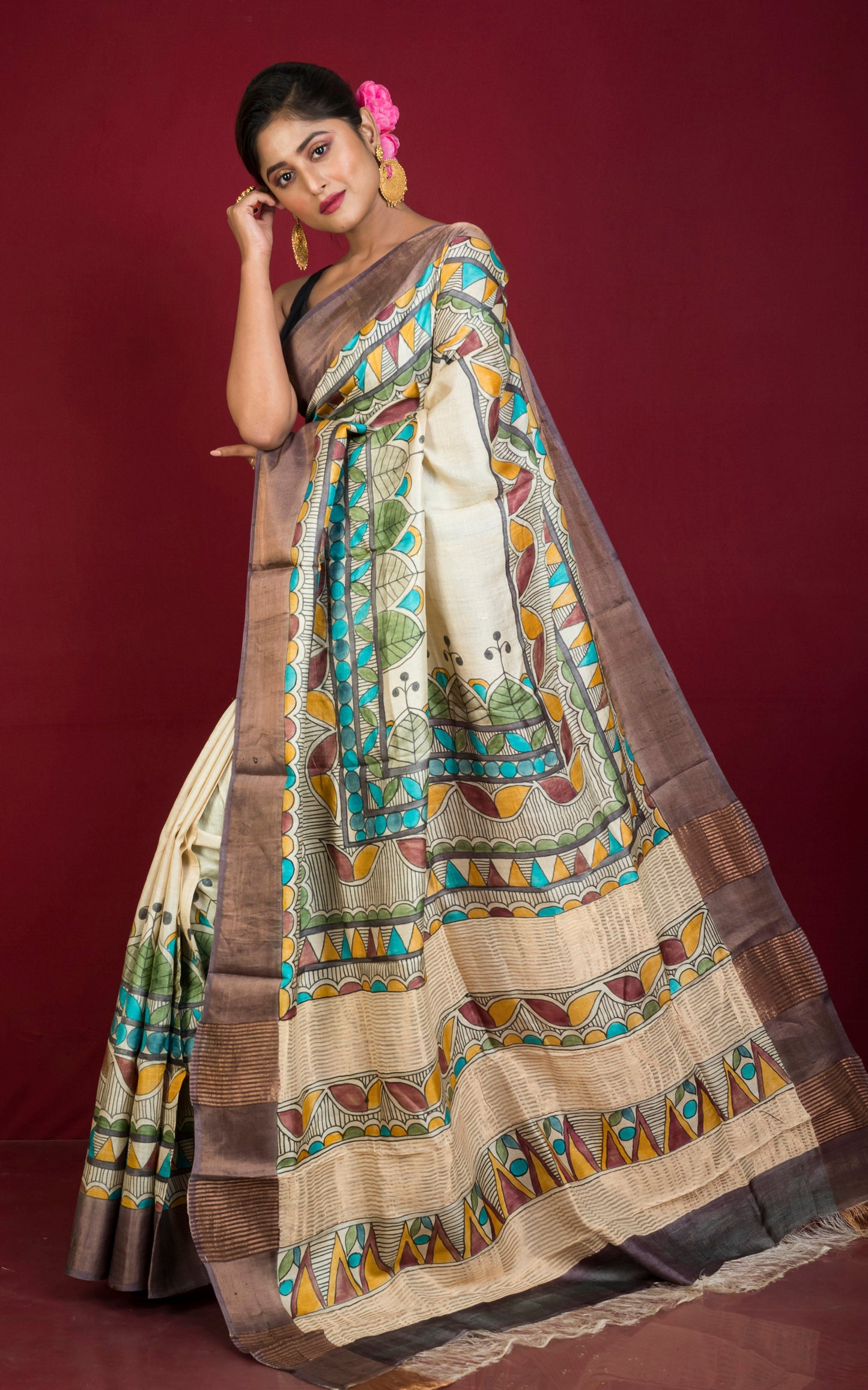 Printed Soft Tussar Silk Saree with Matte finish Zari Border in Beige, Dark Plum and Multicolored Prints