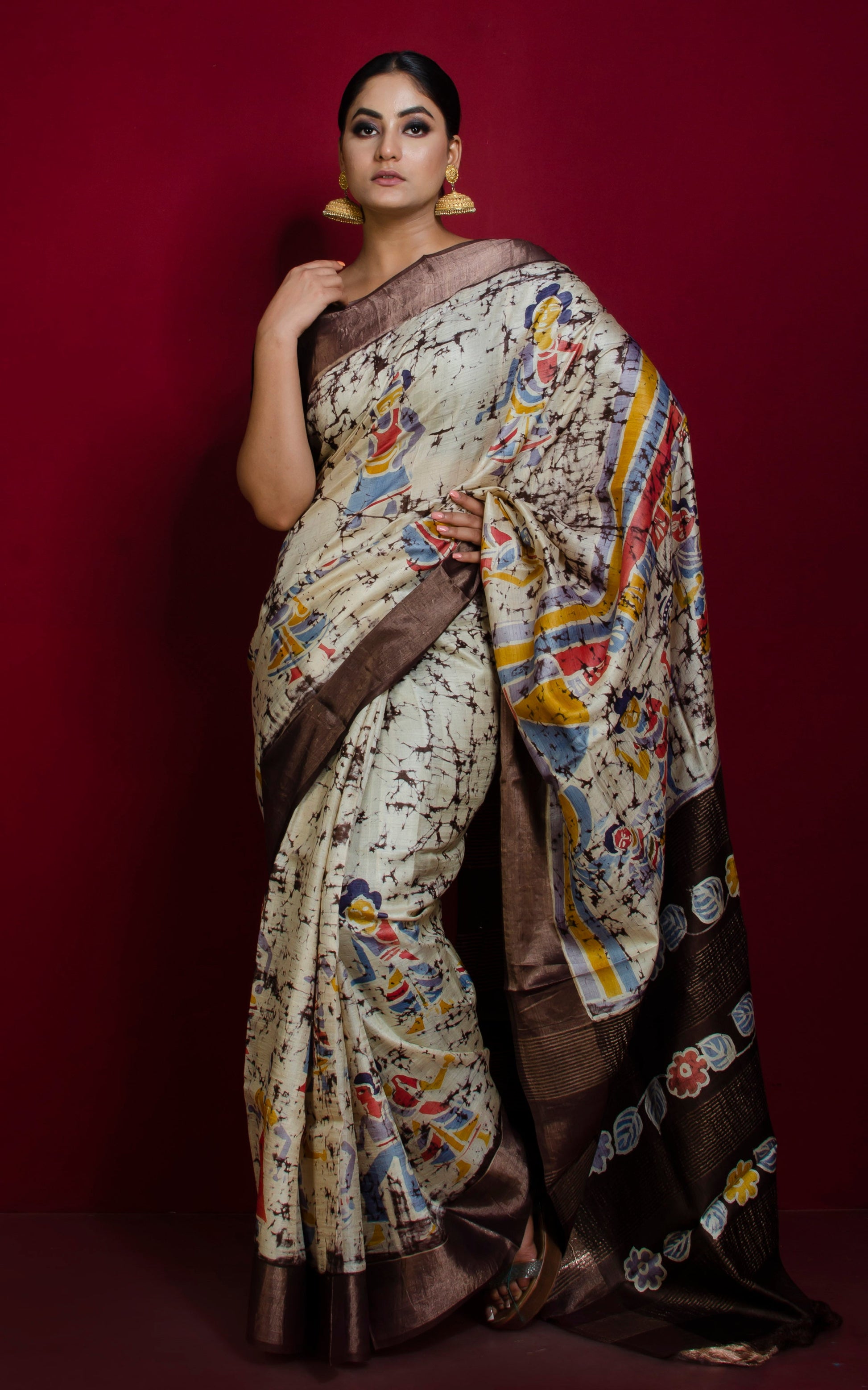 Crack Batik Printed Soft Tussar Silk Saree in Beige, Snuff Brown, Pale Blue and Multicolored