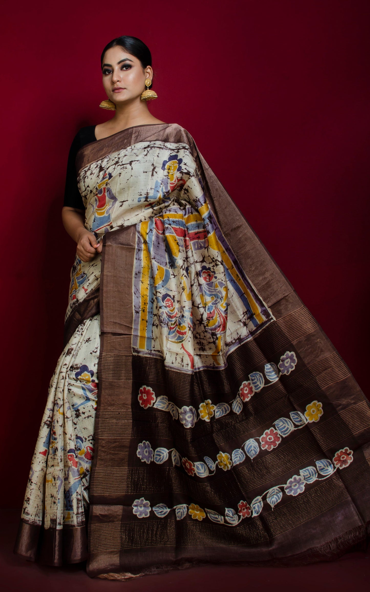 Crack Batik Printed Soft Tussar Silk Saree in Beige, Snuff Brown, Pale Blue and Multicolored