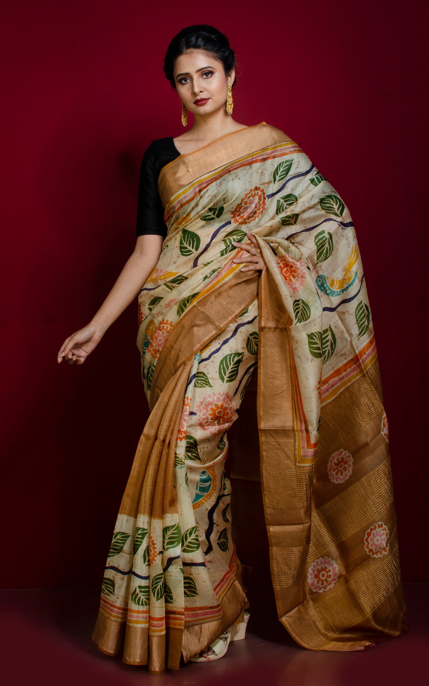 Crack Batik Printed Soft Tussar Silk Saree in Beige, Brown, Dark Green and Multicolored