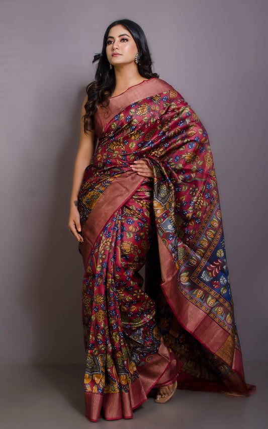 Kalamkari Printed Soft Tussar Silk Saree in Sangria Red, Dark Blue and Multicolored