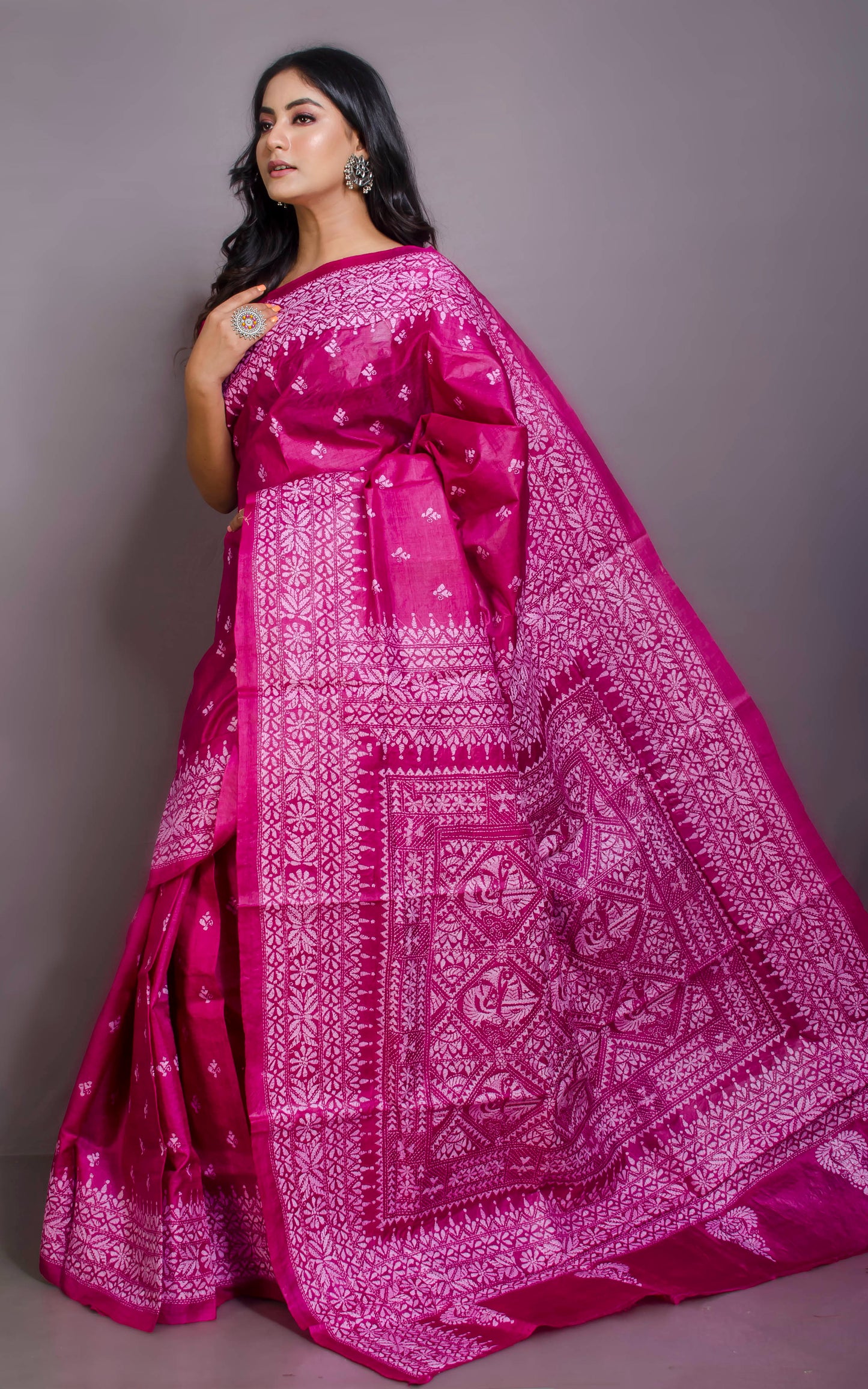 Hand Embroidery Tussar Silk Kantha Work Saree in Wild Berry Pink and Off White