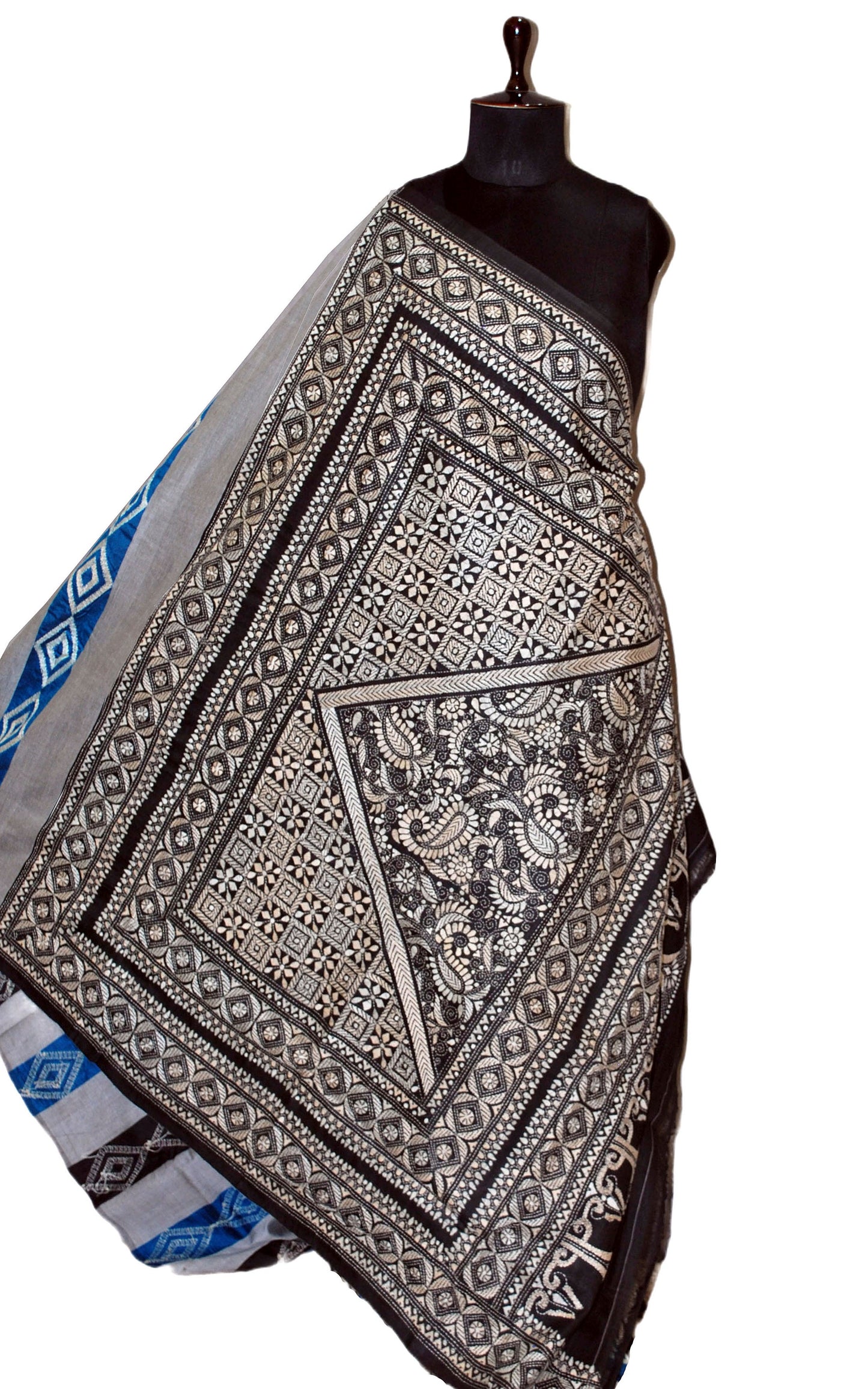 Hand Embroidery Tussar Silk Kantha Work Saree in Grey, Blue, Black and Off White Thread Work