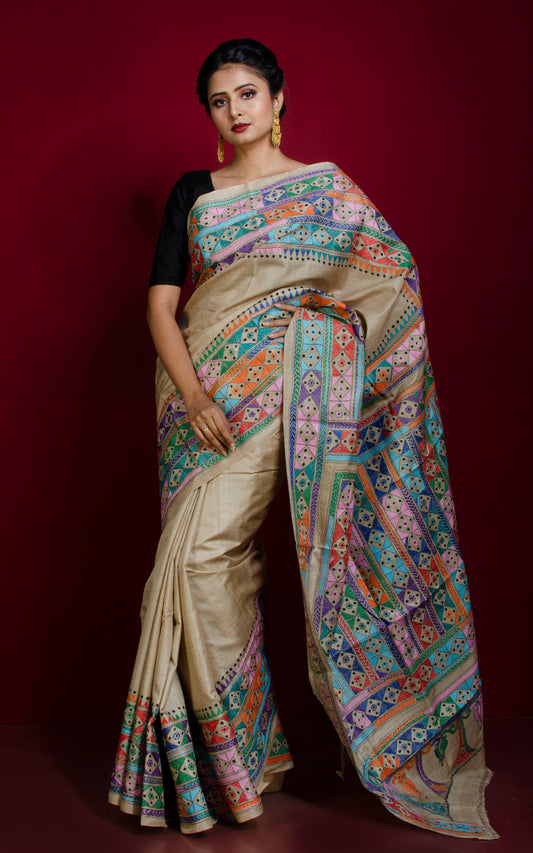 Hand Embroidery Gachi Tussar Silk Kantha Work Saree in Beige and Multicolored Thread Work