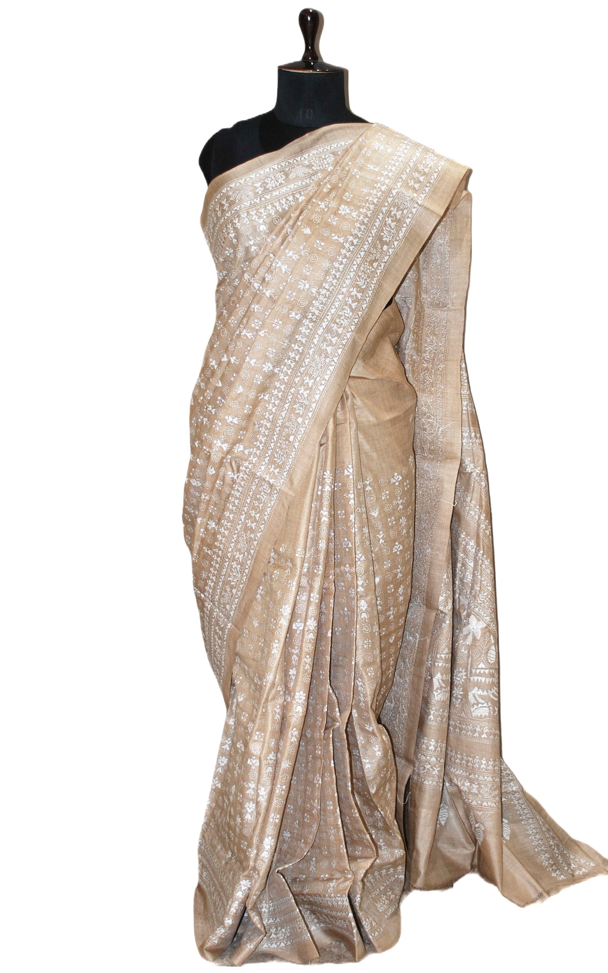 Hand Embroidery Warli Work Gachi Tussar Silk Kantha Work Saree in Beige and Off White Thread Work