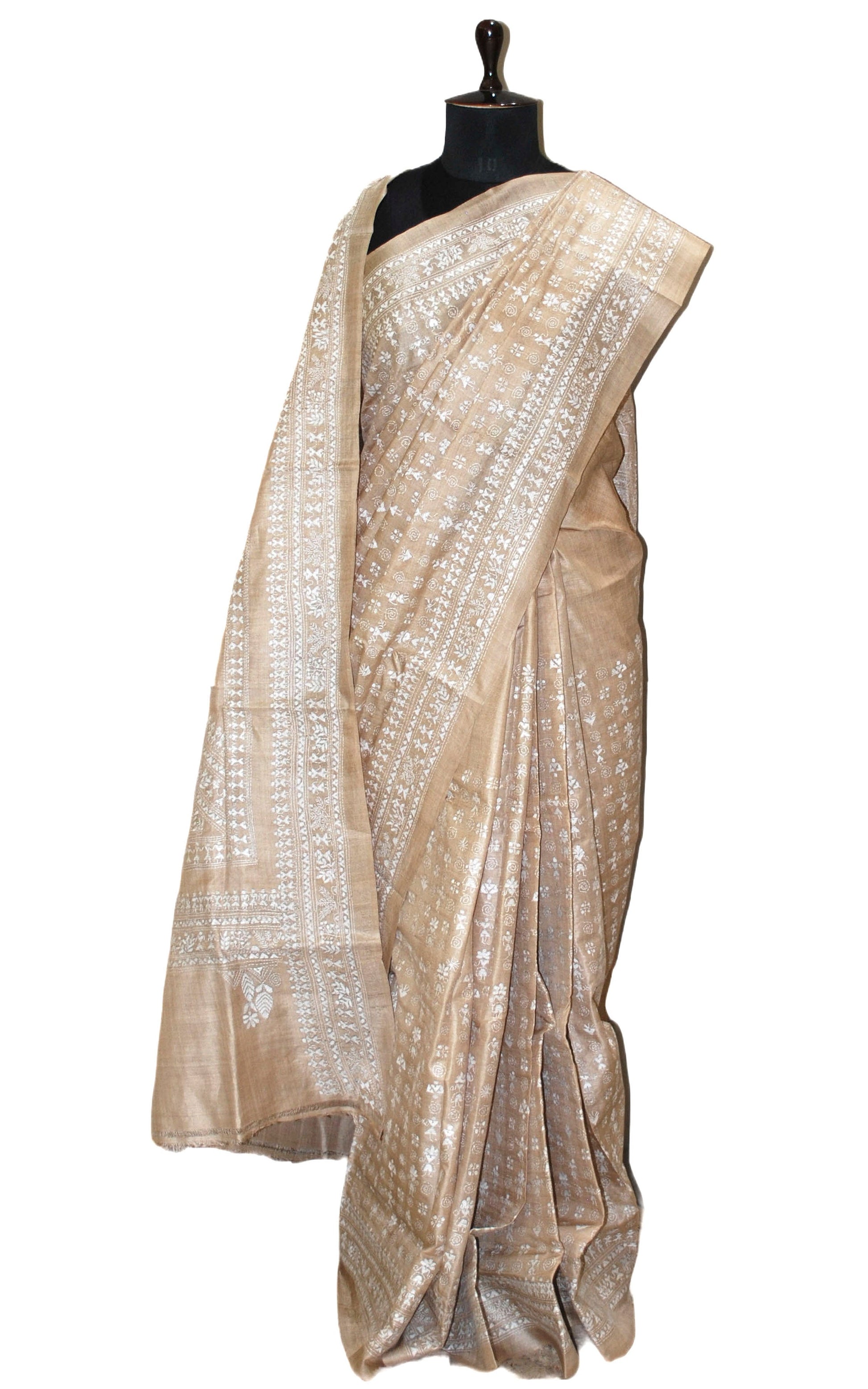 Hand Embroidery Warli Work Gachi Tussar Silk Kantha Work Saree in Beige and Off White Thread Work