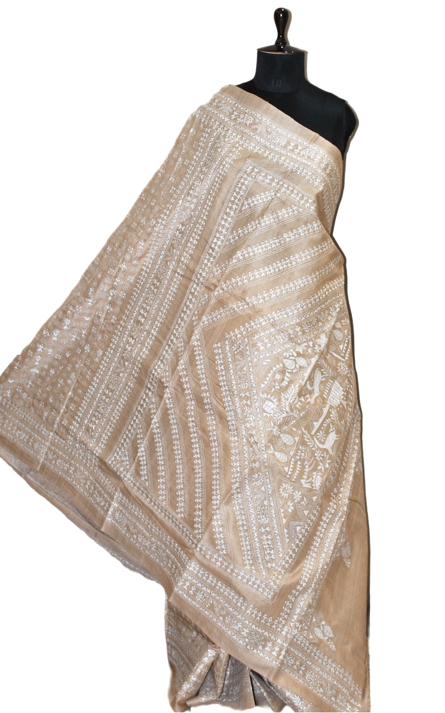 Hand Embroidery Warli Work Gachi Tussar Silk Kantha Work Saree in Beige and Off White Thread Work