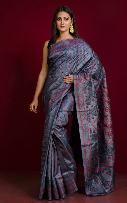 Hand Embroidery Tussar Silk Kantha Work Saree in Metallic Grey, Maroon and Dark Red