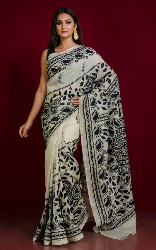 Hand Embroidery Tussar Silk Kantha Work Saree in Beige and Black