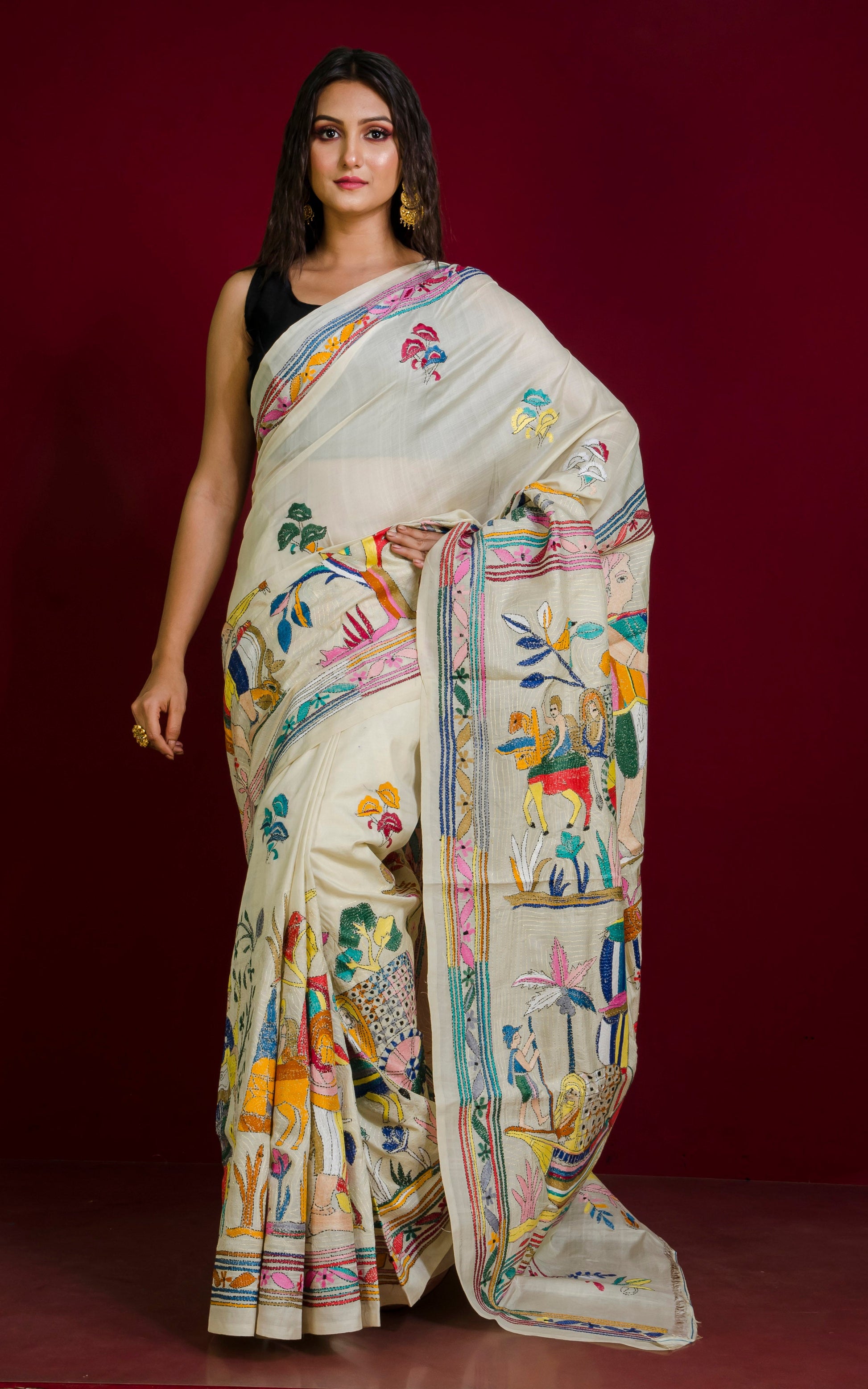 Hand Embroidery Tussar Silk Kantha Work Saree in Off White and Multicolored Thread Work