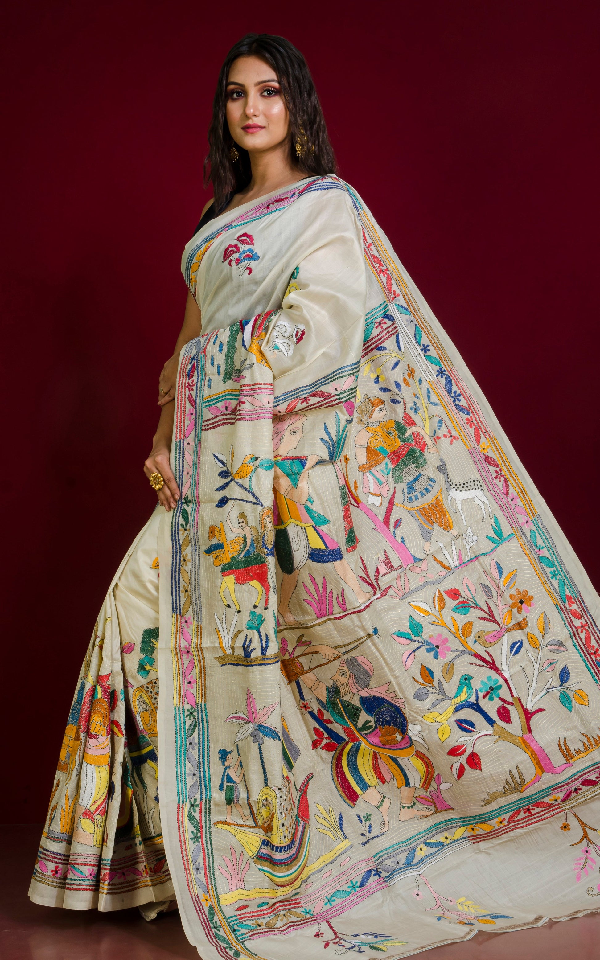 Hand Embroidery Tussar Silk Kantha Work Saree in Off White and Multicolored Thread Work