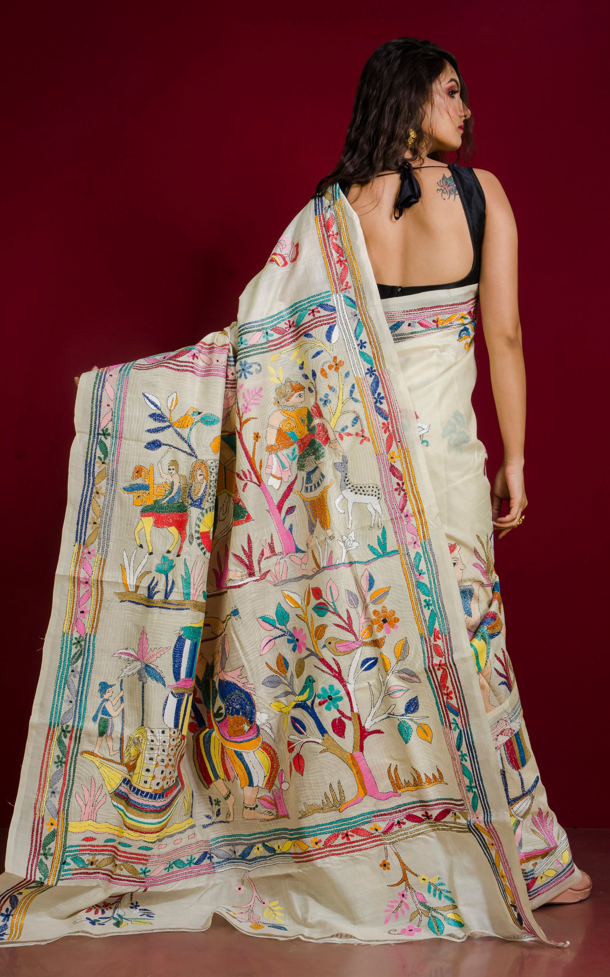 Hand Embroidery Tussar Silk Kantha Work Saree in Off White and Multicolored Thread Work