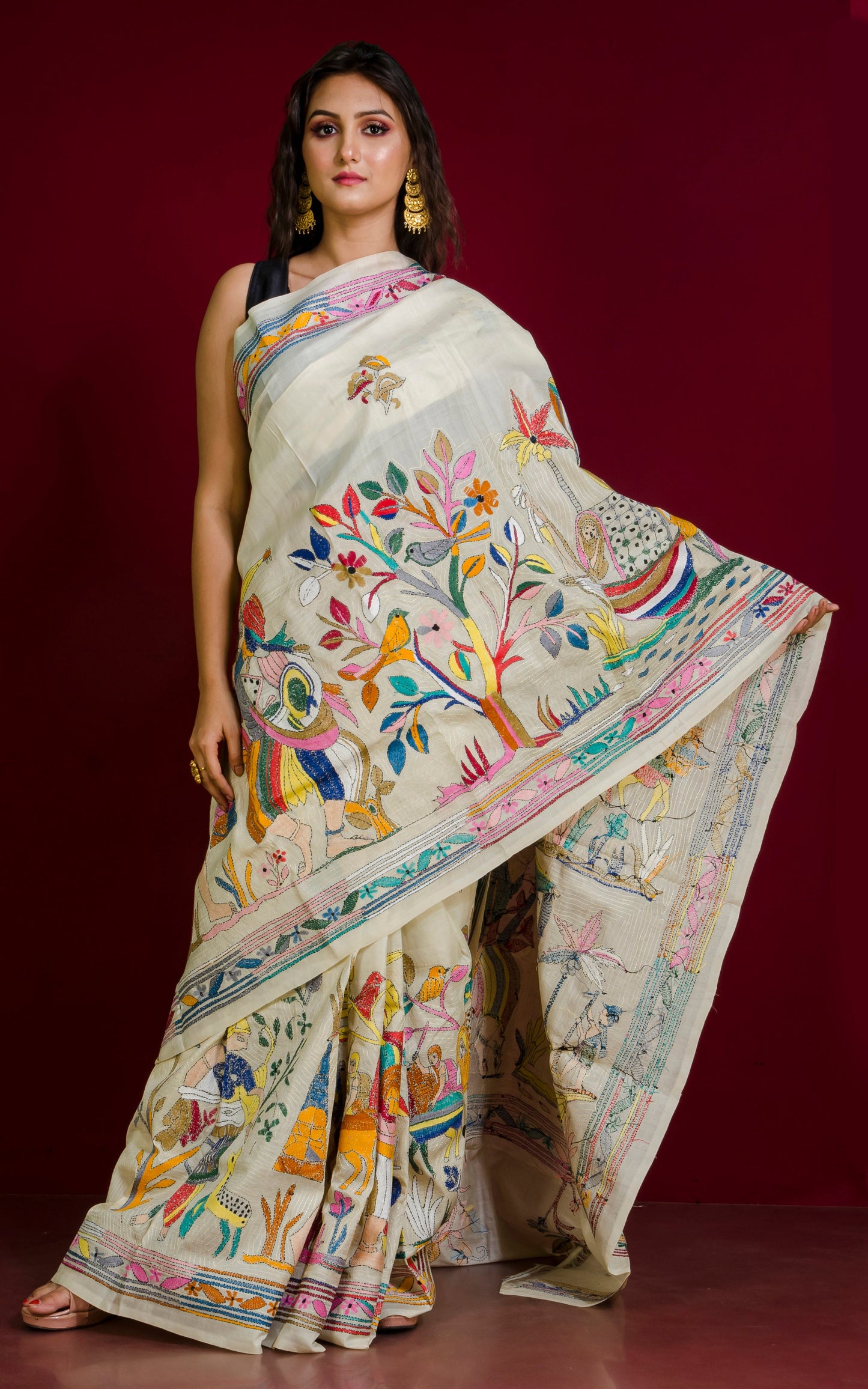 Hand Embroidery Tussar Silk Kantha Work Saree in Off White and Multicolored Thread Work