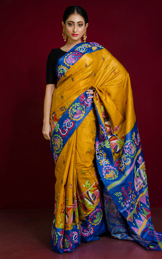 Tie-Dye Gachi Tussar Silk Hand Embroidery Kantha Stitch Saree in Yellow, Blue and Multicolored Thread Work