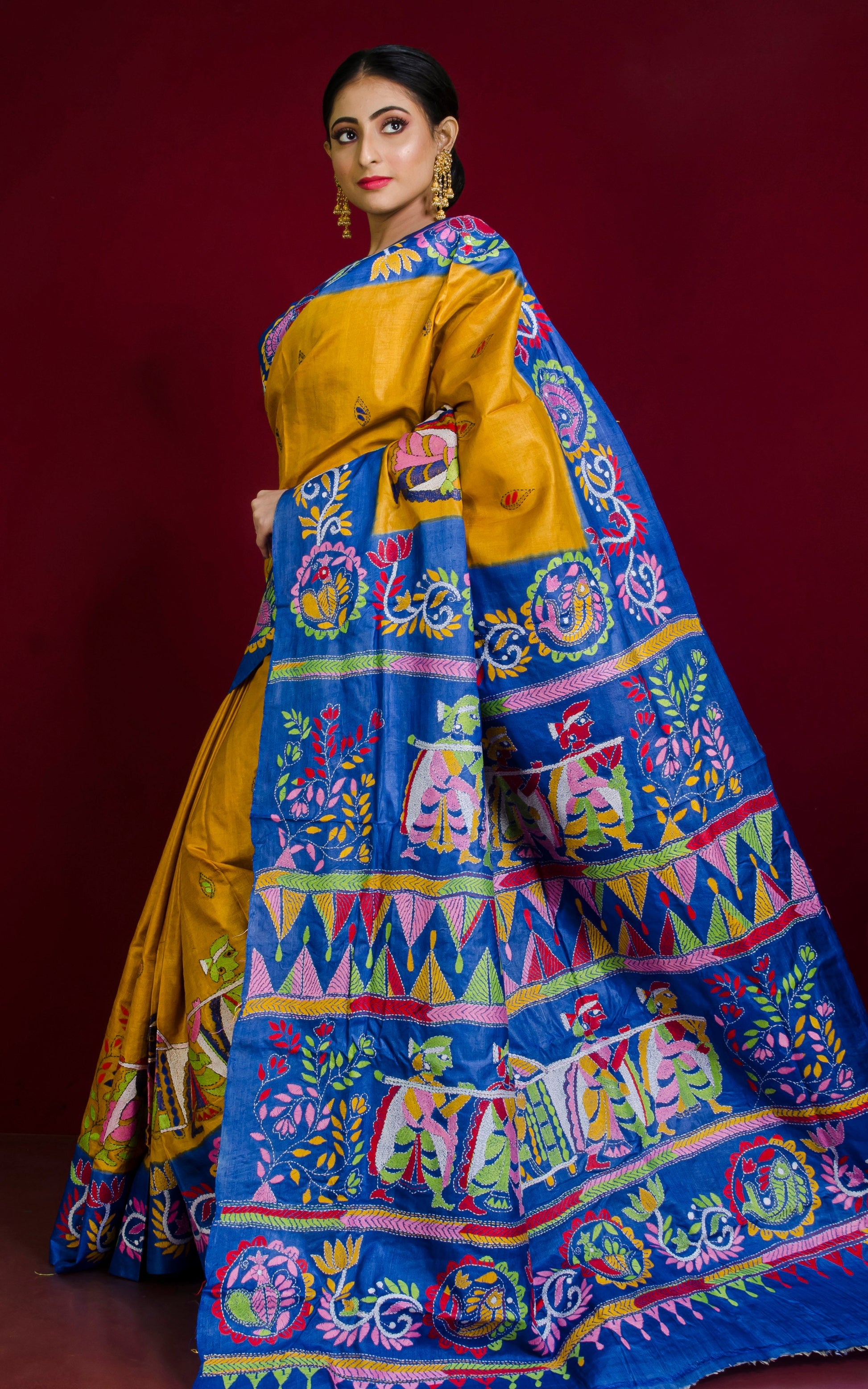 Tie-Dye Gachi Tussar Silk Hand Embroidery Kantha Stitch Saree in Yellow, Blue and Multicolored Thread Work