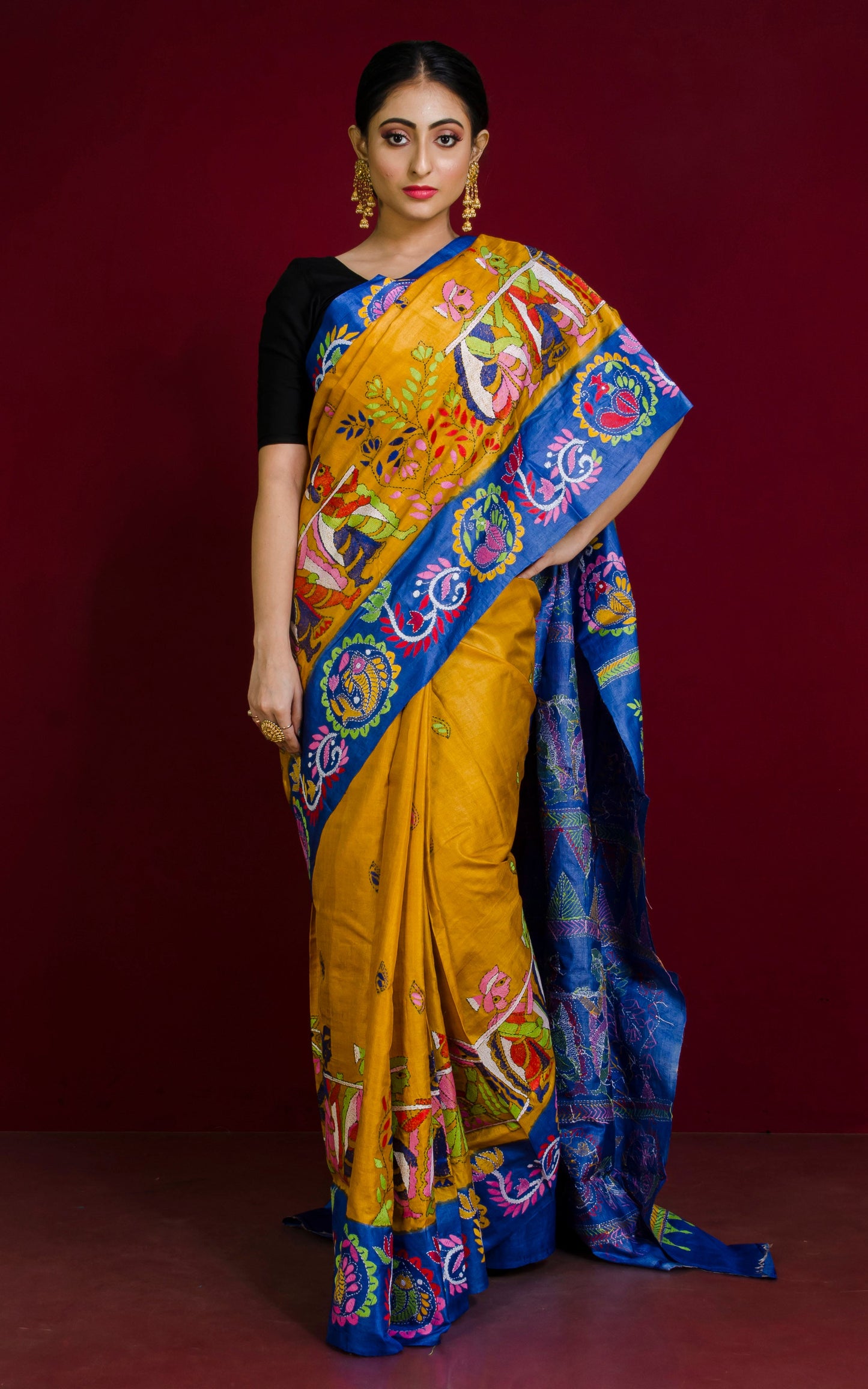 Tie-Dye Gachi Tussar Silk Hand Embroidery Kantha Stitch Saree in Yellow, Blue and Multicolored Thread Work