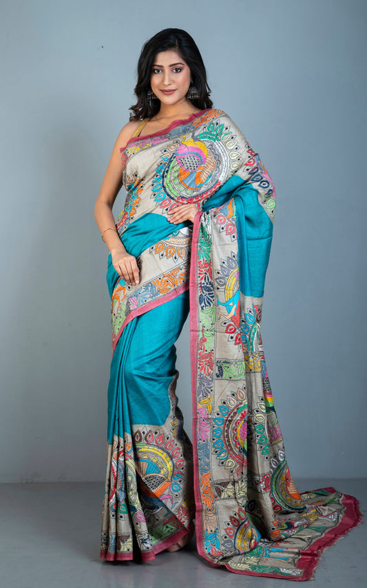 Tie-Dye Gachi Tussar Silk Hand Embroidery Kantha Stitch Saree in Columbia Blue, Beige and Multicolored Thread Work