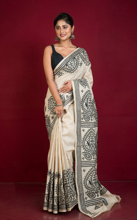 Premium Quality Hand Embroidery Gujarati Work on Pure Gachi Tussar Saree in Beige and Black