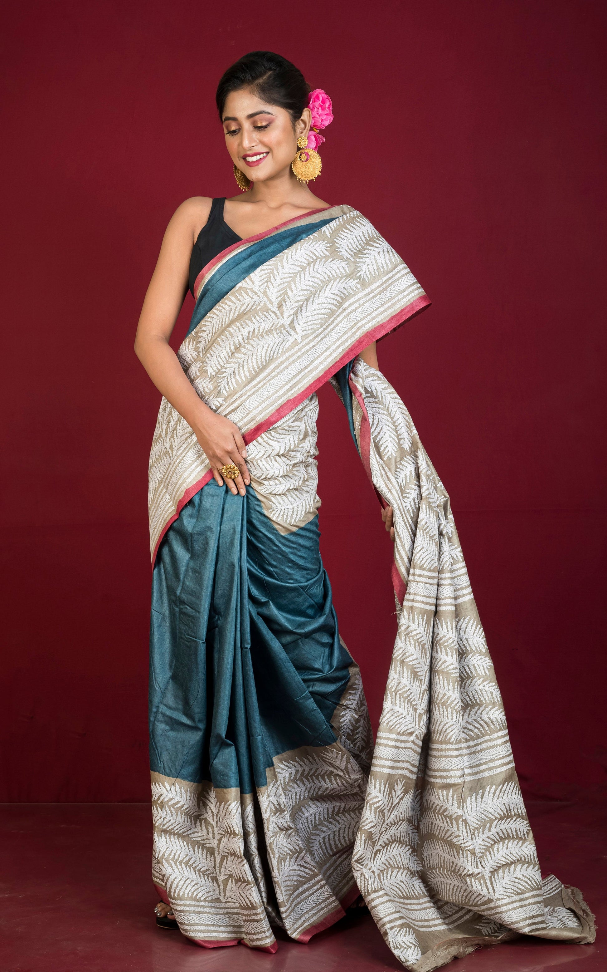 Tie-Dye Gachi Tussar Silk Hand Embroidery Kantha Stitch Saree in Blue Gray ,Red, Gold Beige and Off white Thread Work