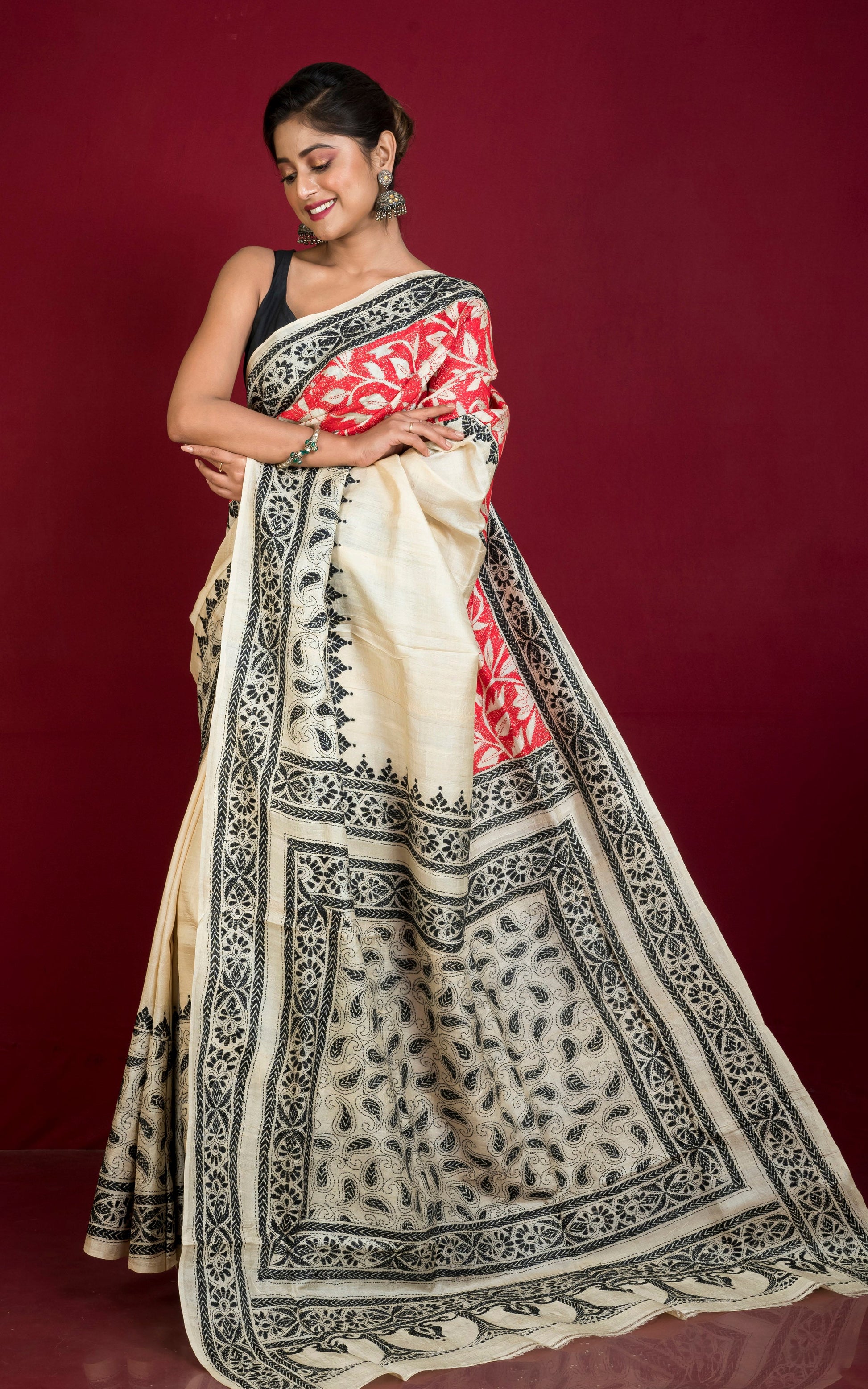 Hand Embroidery Tussar Silk Kantha Work Saree in Beige with Red and Black Thread Nakshi Work