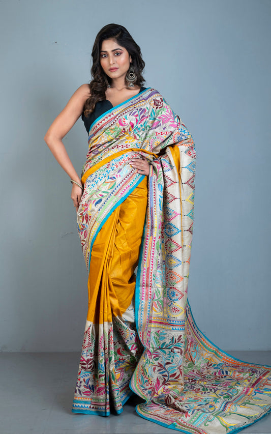 Tie-Dye Gachi Tussar Silk Hand Embroidery Kantha Stitch Saree in Mustard Golden, Beige, Strobe Blue and Multicolored Thread Work