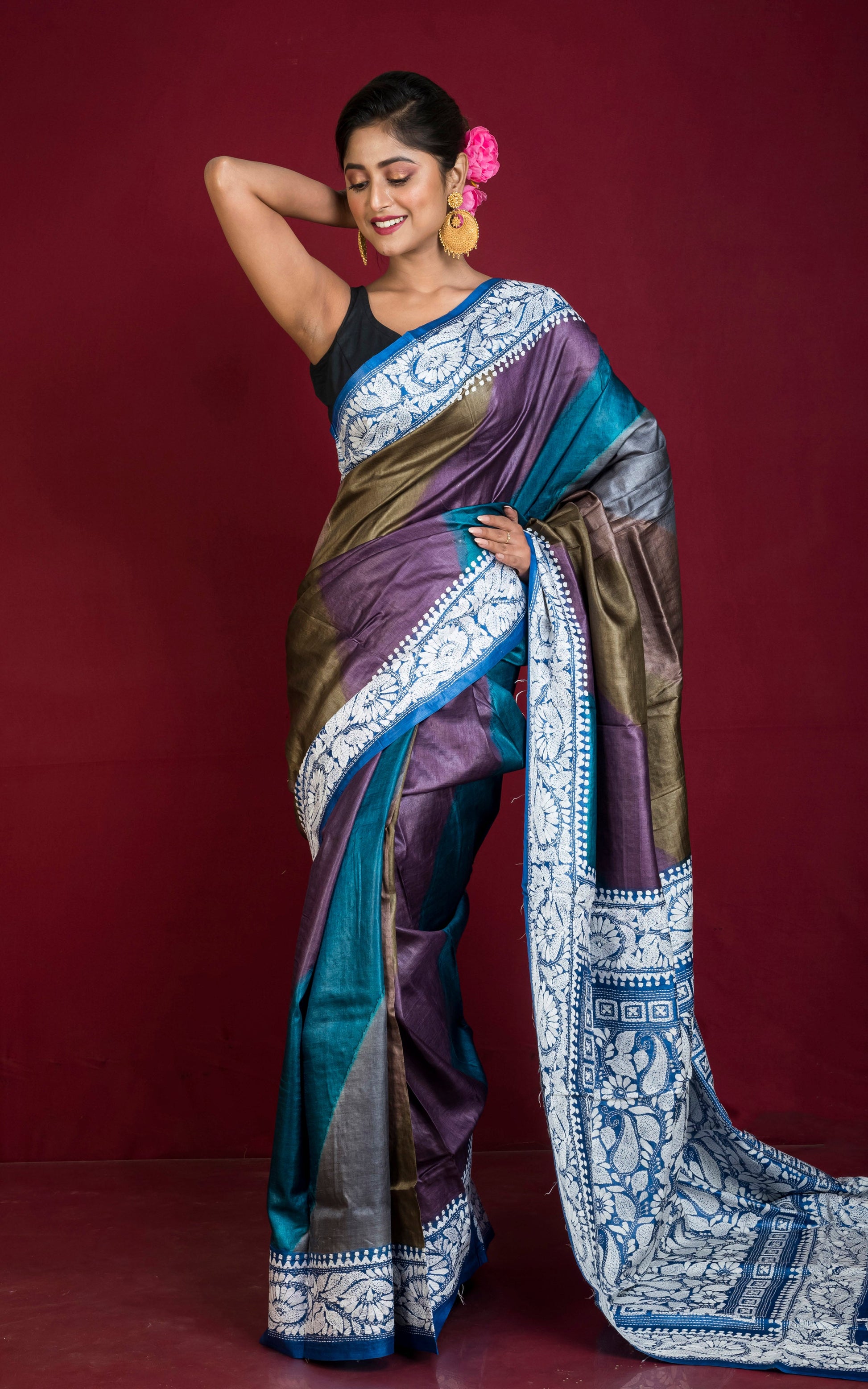 Tie-Dye Gachi Tussar Silk Hand Embroidery Kantha Stitch Saree in Admiral Blue, Off White and Multicolored