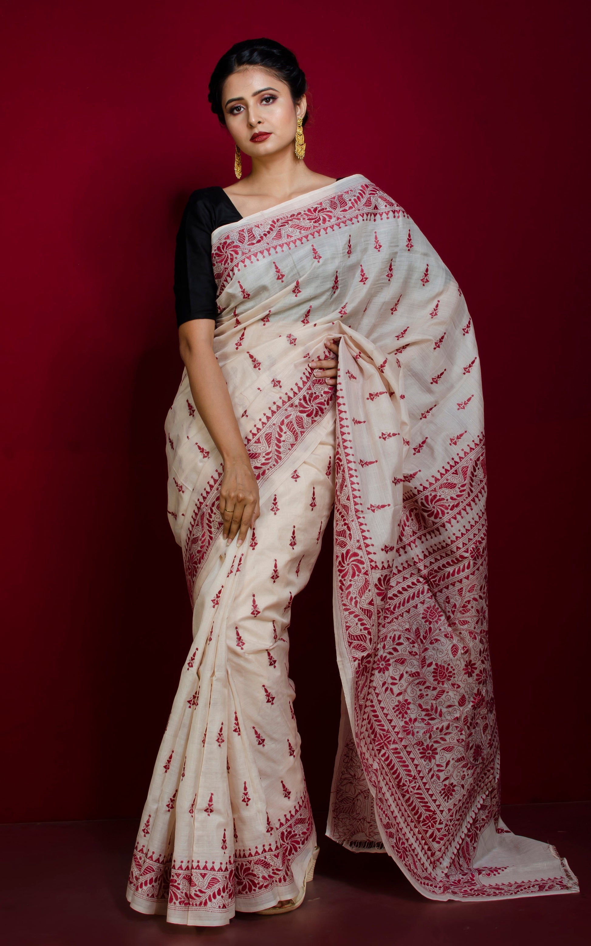 Hand Embroidery Tussar Silk Kantha Work Saree in Off White and Maroon