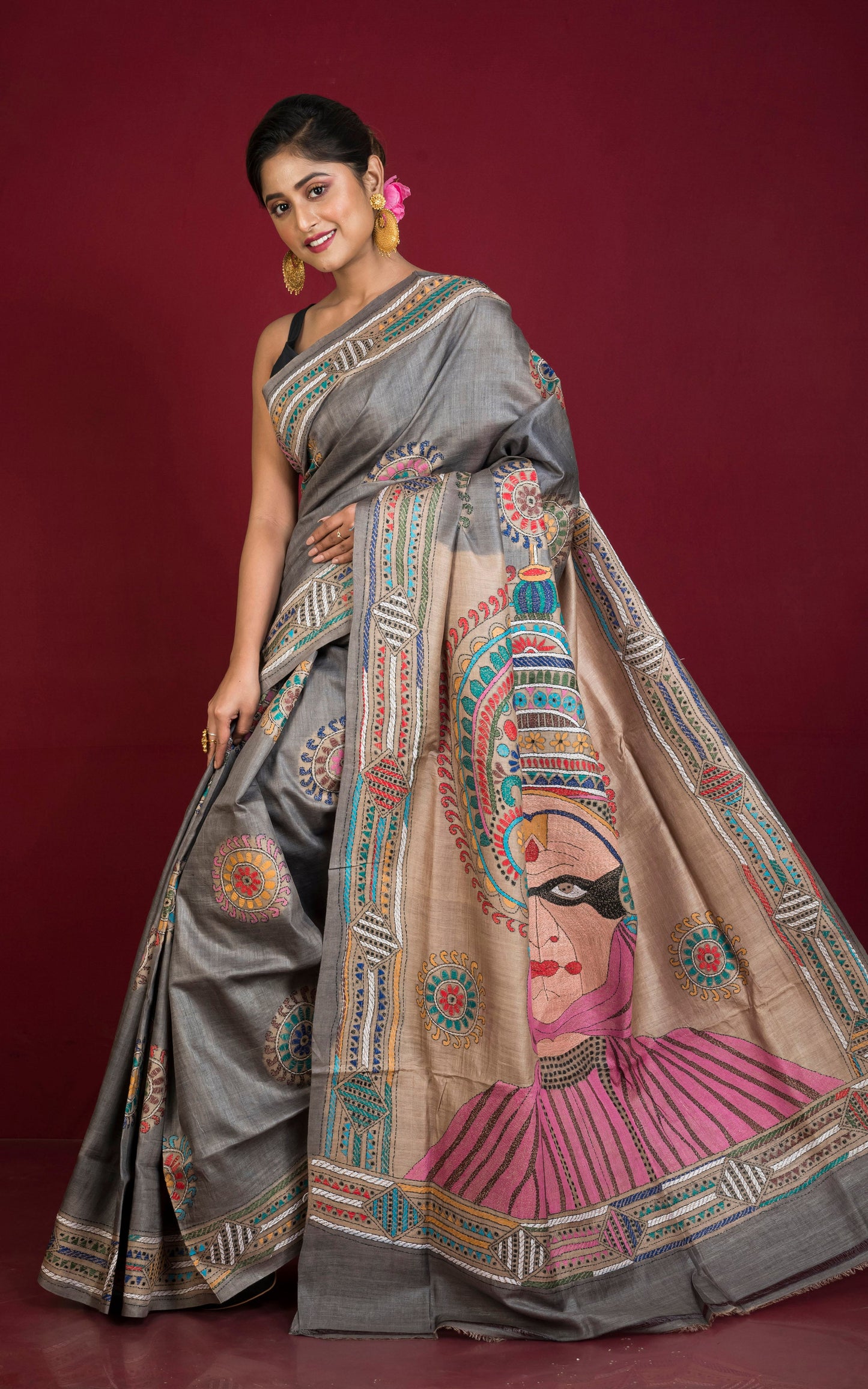 Premium Quality Hand Embroidery Kantha Work on Pure Gachi Tussar Saree in Warm Grey, Beige and Multicolored Thread Work