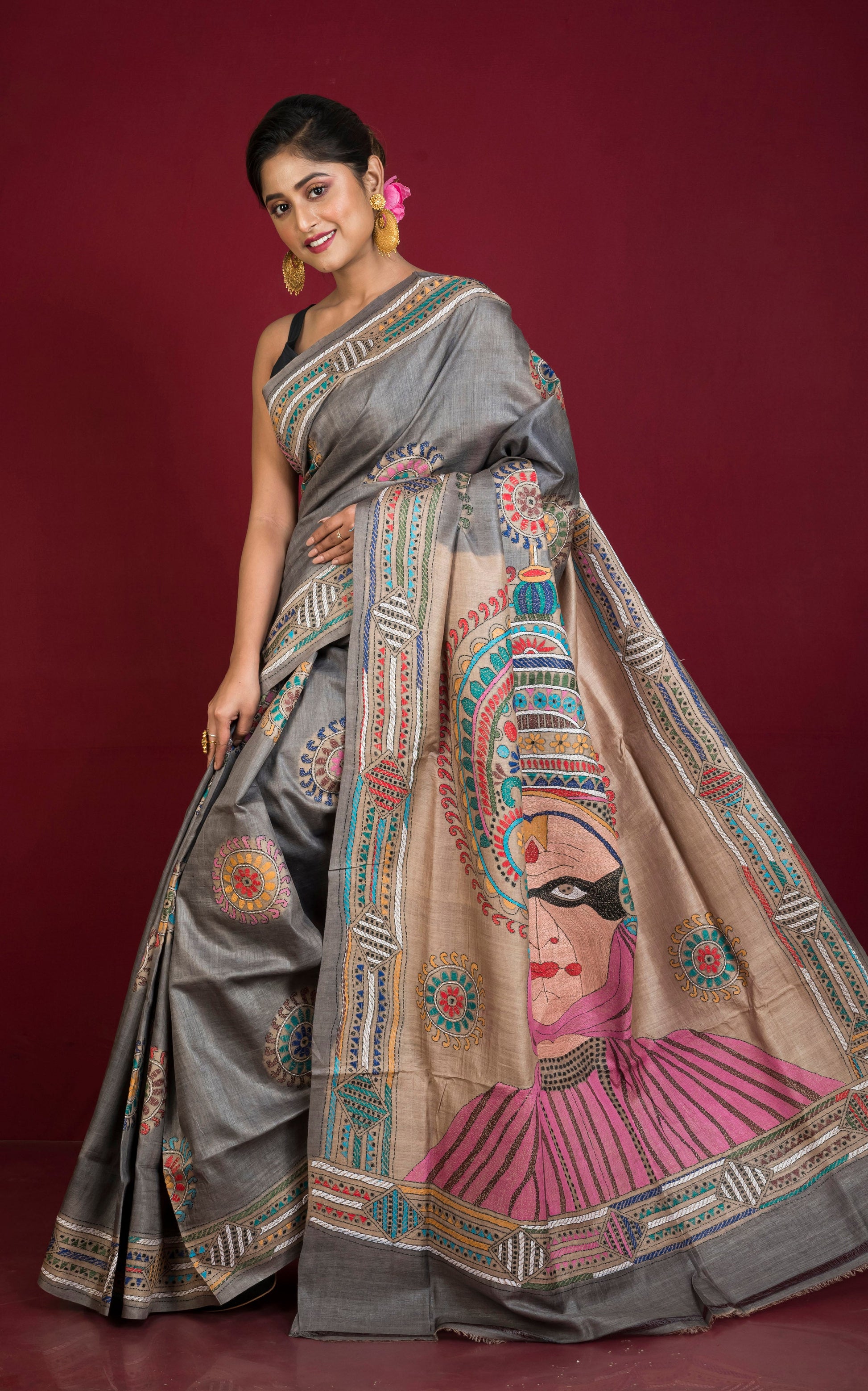 Premium Quality Hand Embroidery Kantha Work on Pure Gachi Tussar Saree in Warm Grey, Beige and Multicolored Thread Work