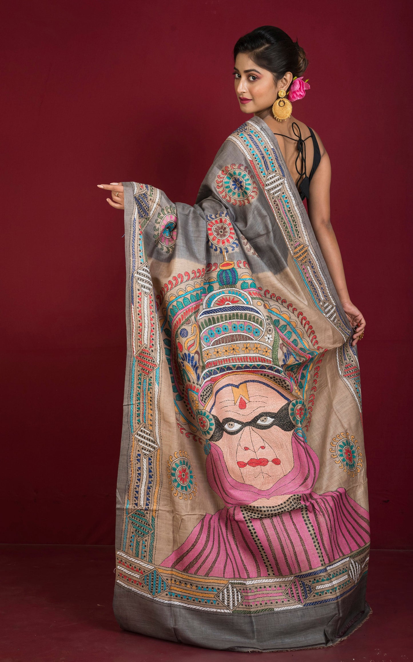 Premium Quality Hand Embroidery Kantha Work on Pure Gachi Tussar Saree in Warm Grey, Beige and Multicolored Thread Work