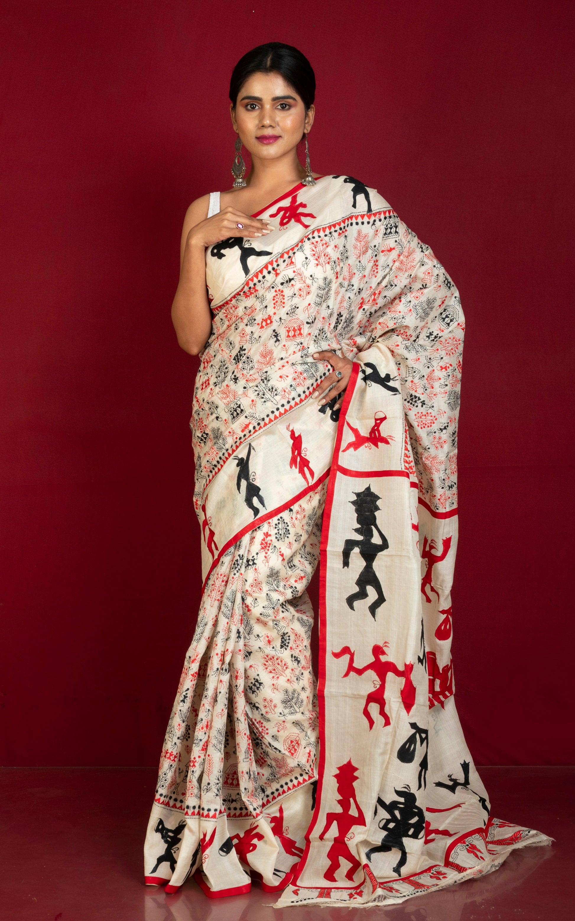 Hand Embroidery Tussar Silk Warli Kantha Work Saree in Off White, Red and Black Thread Work