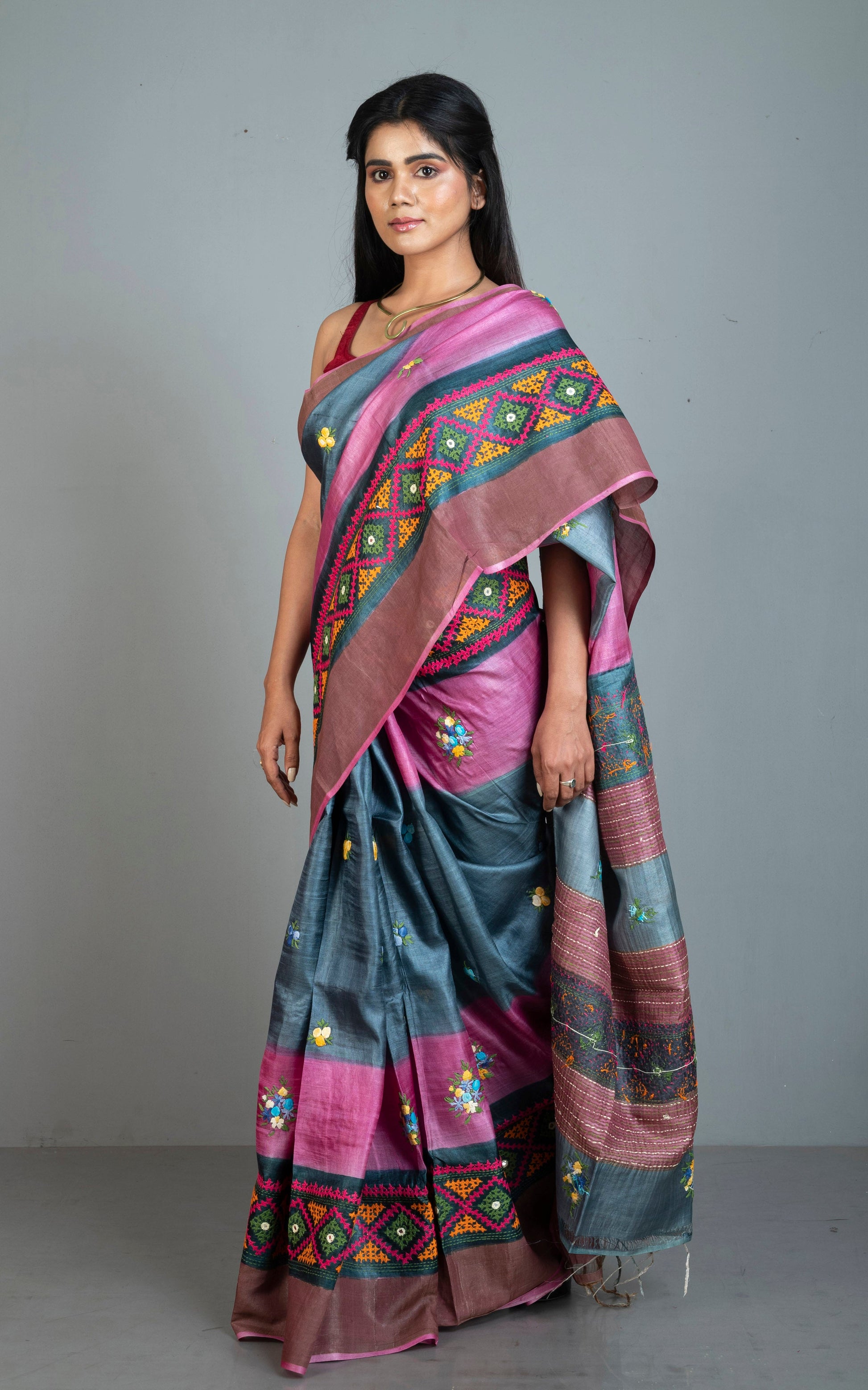 Hand Embroidery Kutch Work with French Knot Tussar Silk Saree in Metallic Grey, Pink and Multicolored