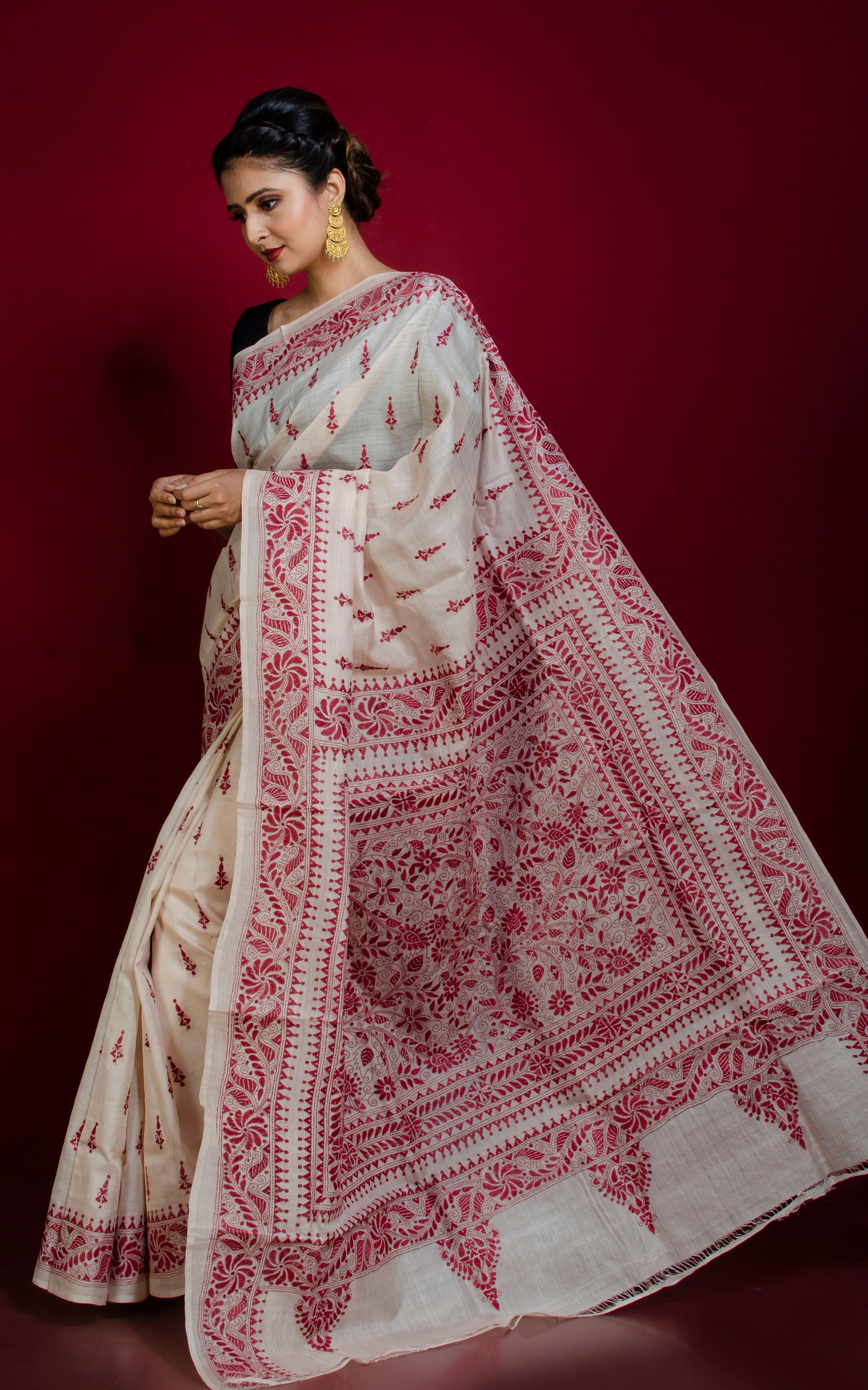 Hand Embroidery Tussar Silk Kantha Work Saree in Off White and Maroon