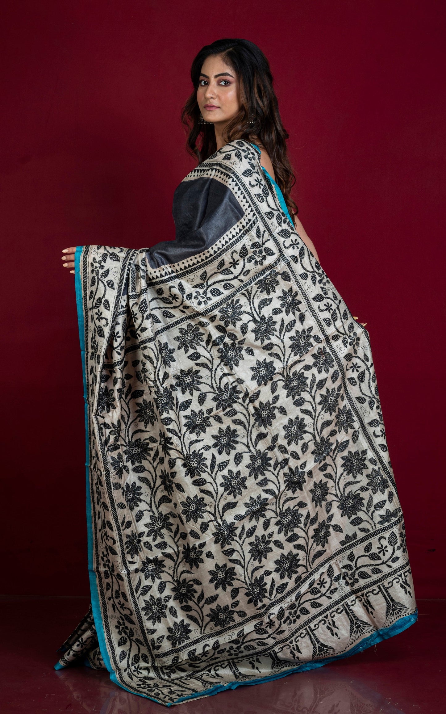 Premium Quality Hand Embroidery Kantha Work on Pure Gachi Tussar Saree in Black, Beige and Blue