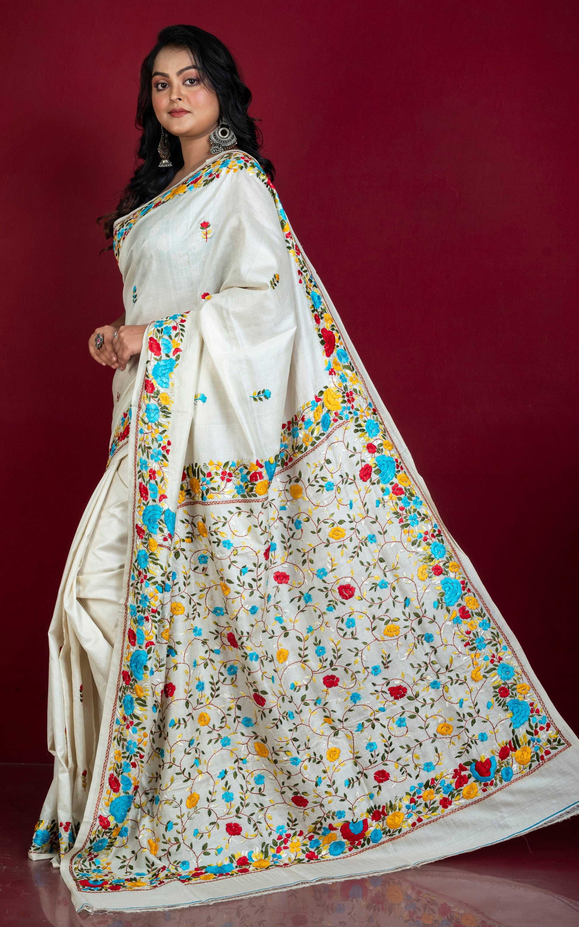 Hand Gara Parsi Embroidery Work Tussar Silk Saree in Off White and Multicolored Thread Work