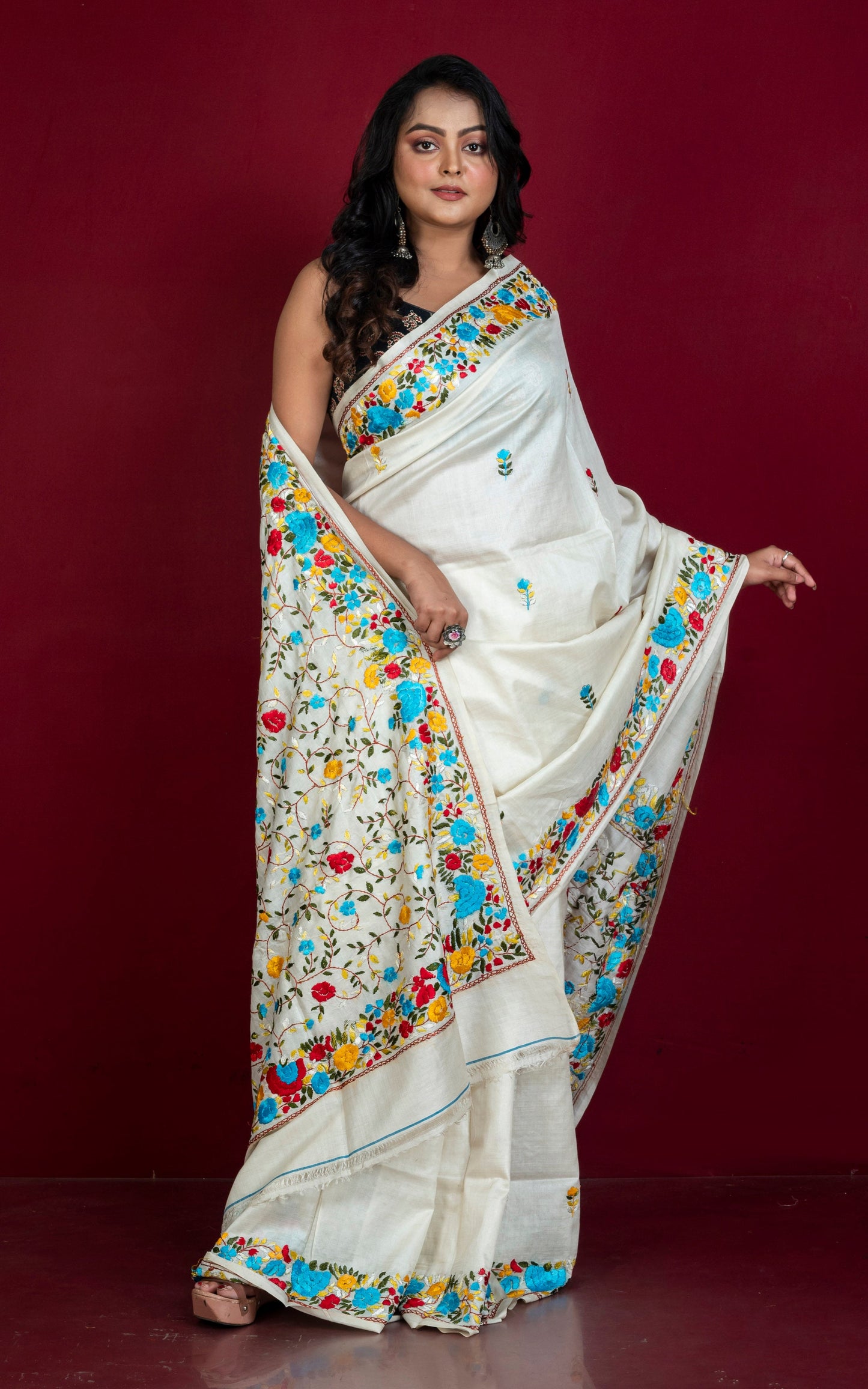 Hand Gara Parsi Embroidery Work Tussar Silk Saree in Off White and Multicolored Thread Work