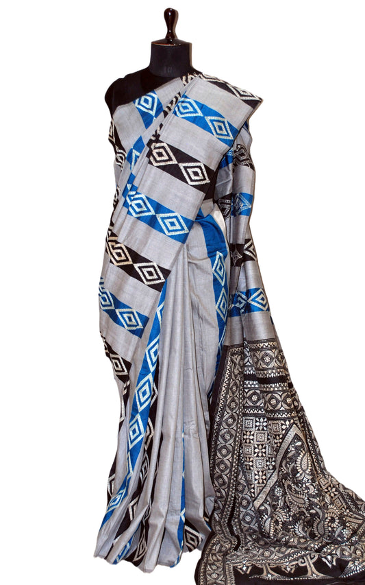 Hand Embroidery Tussar Silk Kantha Work Saree in Grey, Blue, Black and Off White Thread Work