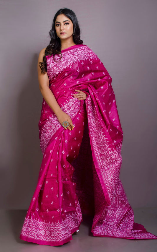 Hand Embroidery Tussar Silk Kantha Work Saree in Wild Berry Pink and Off White