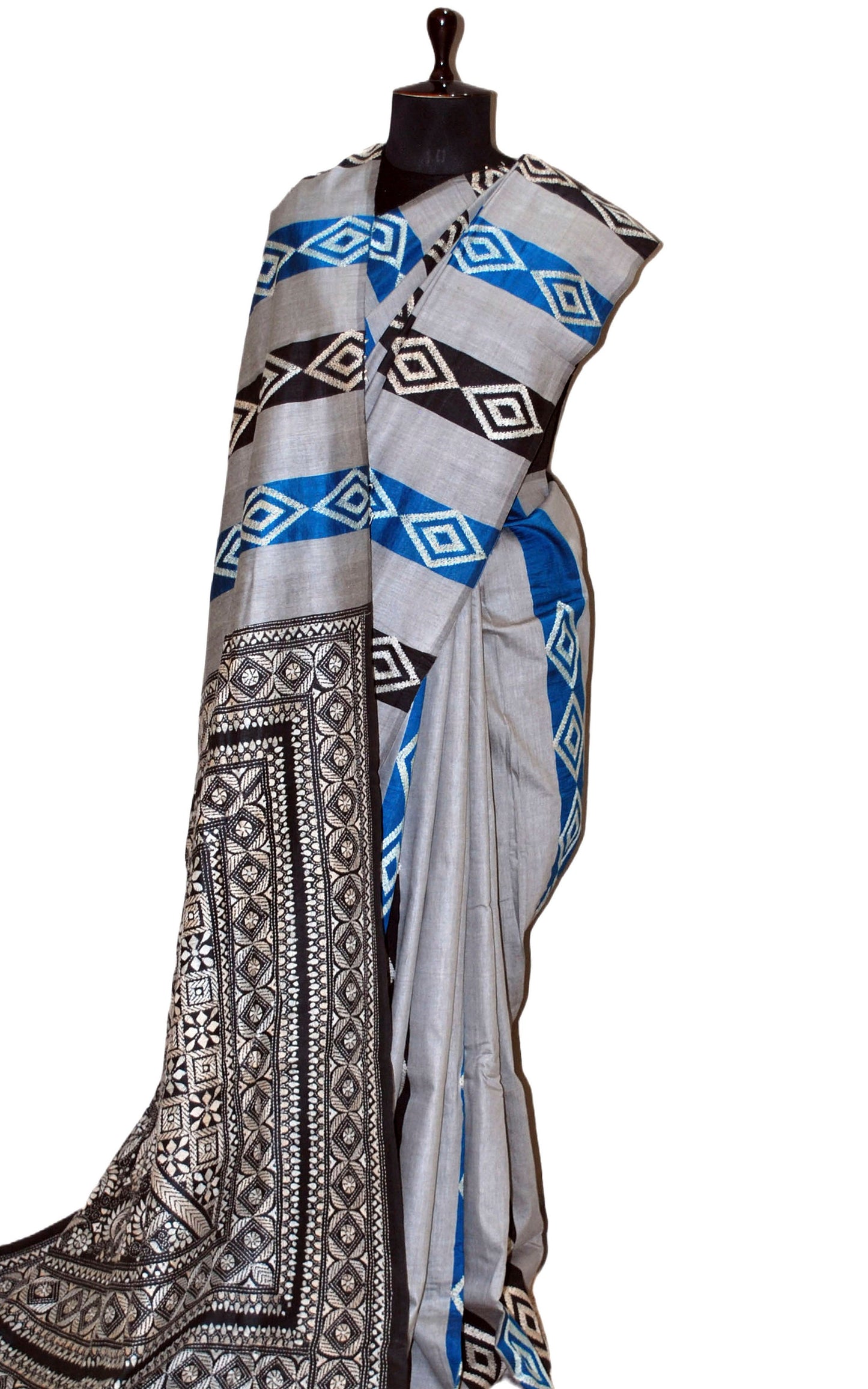 Hand Embroidery Tussar Silk Kantha Work Saree in Grey, Blue, Black and Off White Thread Work