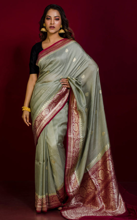 Premium Tussar Khaddi Georgette Banarasi Saree in Fern Green and Maroon