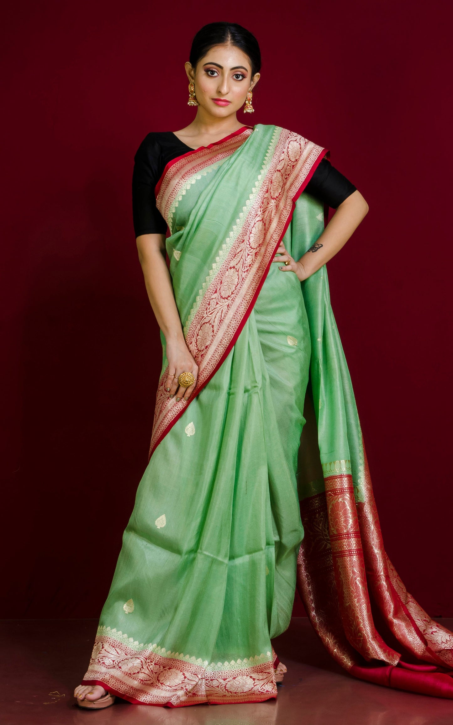 Premium Tussar Khaddi Georgette Banarasi Saree in Jade Green and Sienna Brown