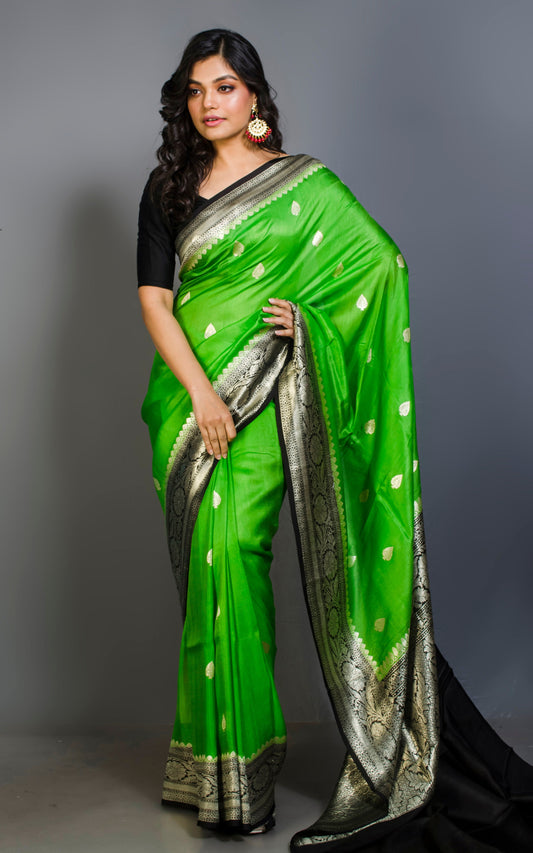 Premium Tussar Khaddi Georgette Banarasi Saree in Green and Black