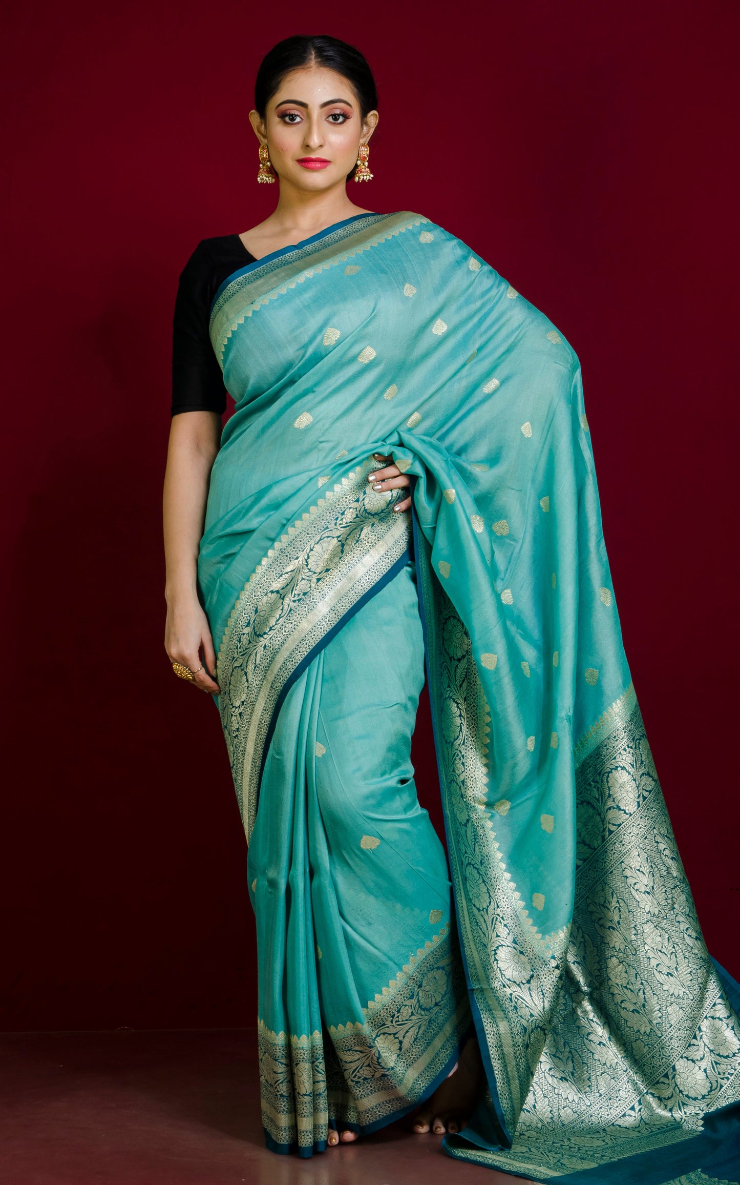 Premium Tussar Khaddi Georgette Banarasi Saree in Teal and Aegean Blue